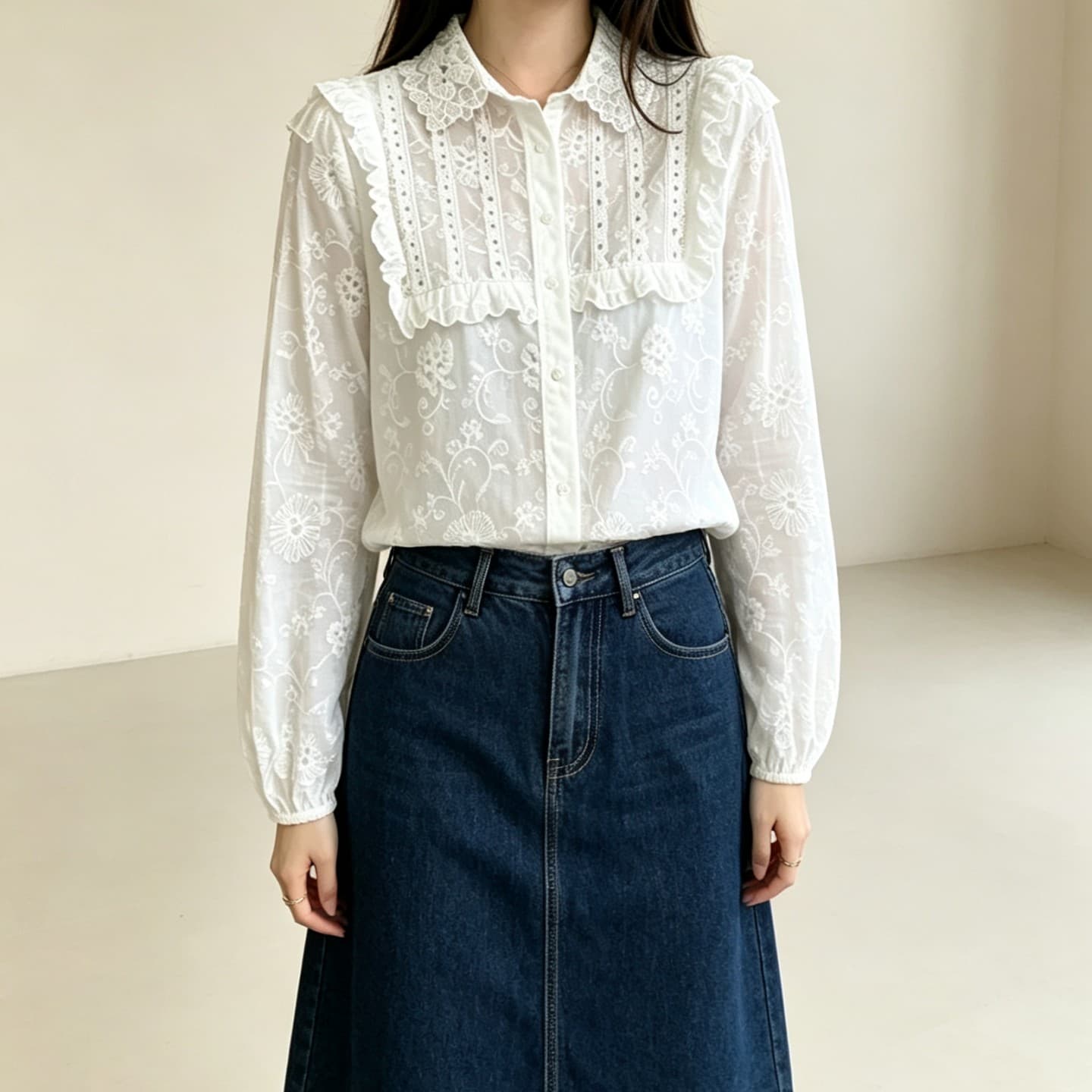 실사 프랑스식 화이트 긴팔 여성 셔츠 가을 레이스 조각 miu 부서 셔츠 루즈핏 학원 스타일 맨위 상세 이미지 5