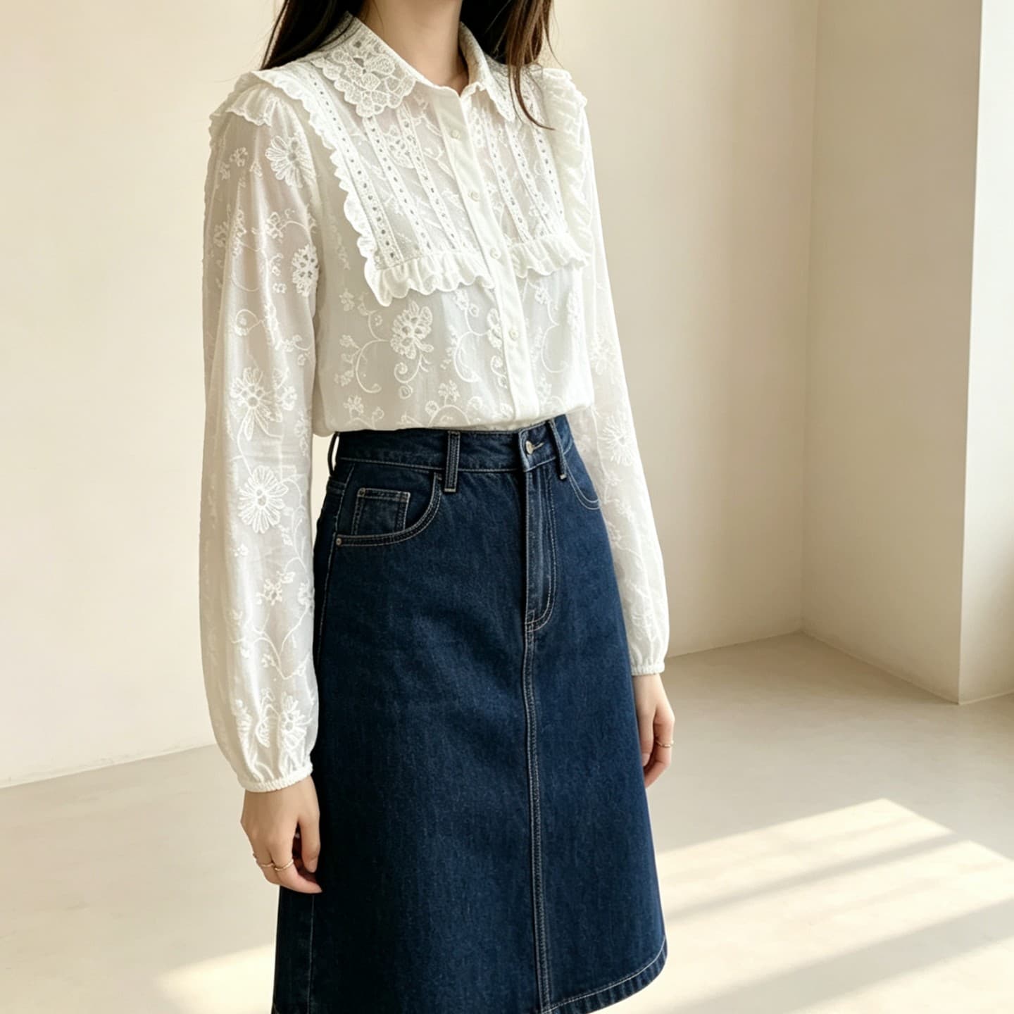 실사 프랑스식 화이트 긴팔 여성 셔츠 가을 레이스 조각 miu 부서 셔츠 루즈핏 학원 스타일 맨위 상세 이미지 6