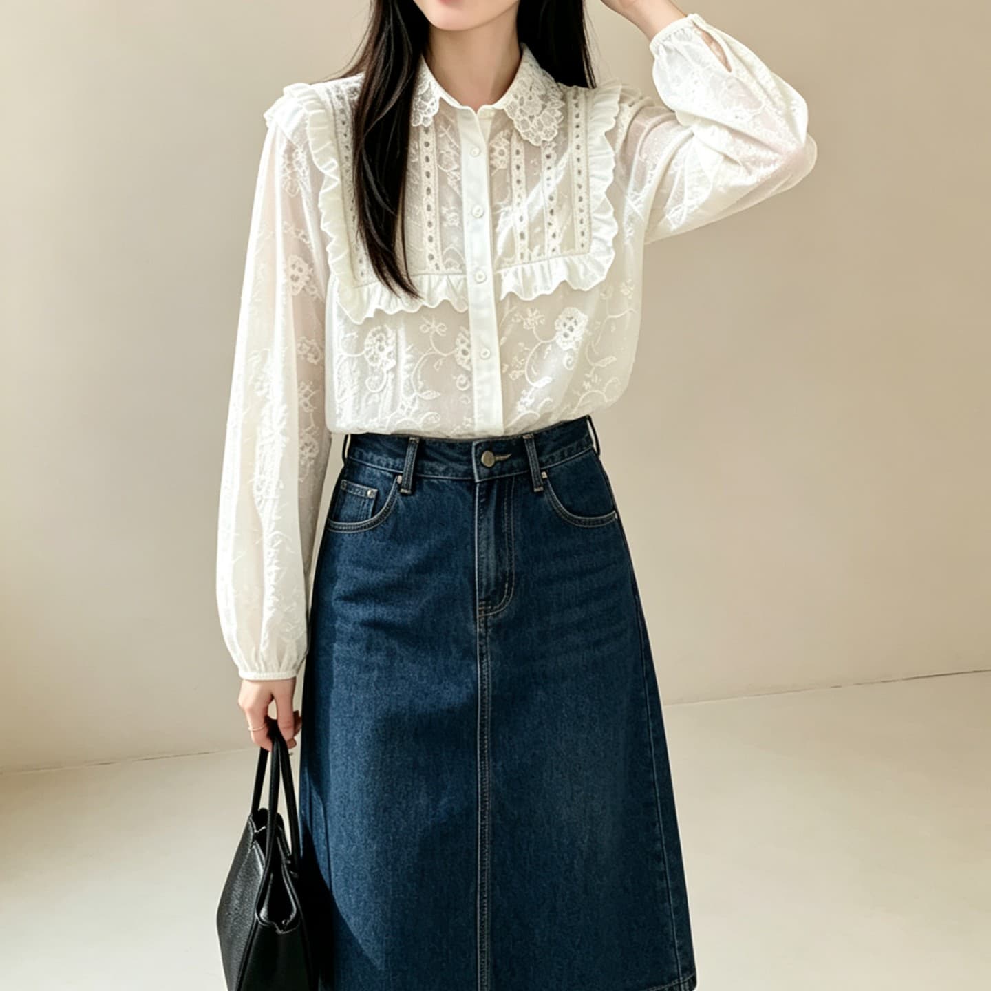 실사 프랑스식 화이트 긴팔 여성 셔츠 가을 레이스 조각 miu 부서 셔츠 루즈핏 학원 스타일 맨위 상세 이미지 10