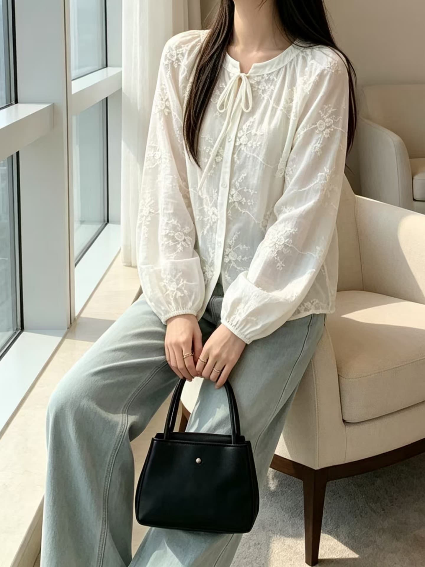 실사 프랑스식 달콤함 자수 나비 넥타이 레이스 셔츠 여성 가을 부드러운 바람 품격 루즈핏 슬림해 보이는 맨위 상세 이미지 3