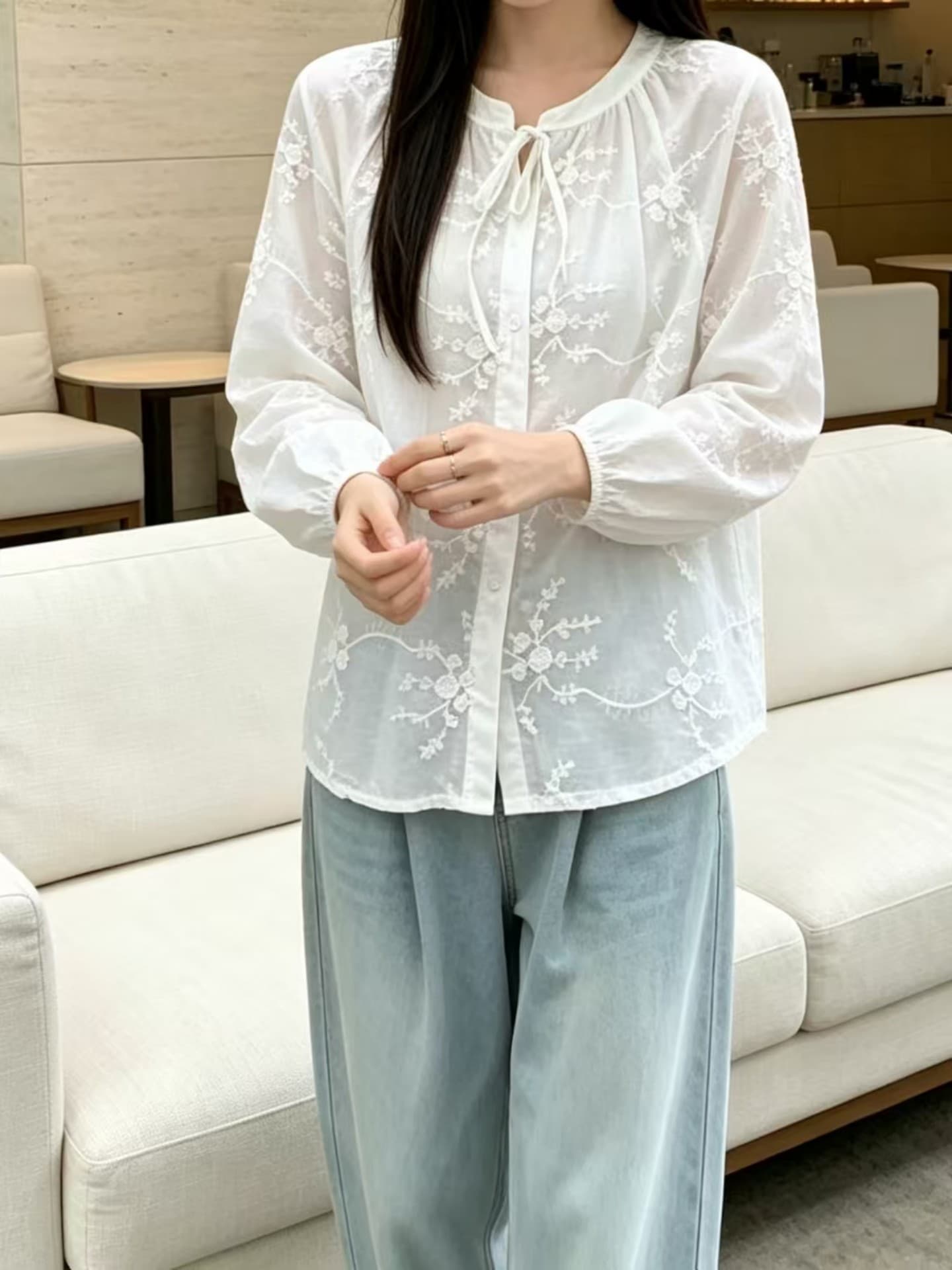 실사 프랑스식 달콤함 자수 나비 넥타이 레이스 셔츠 여성 가을 부드러운 바람 품격 루즈핏 슬림해 보이는 맨위 상세 이미지 7