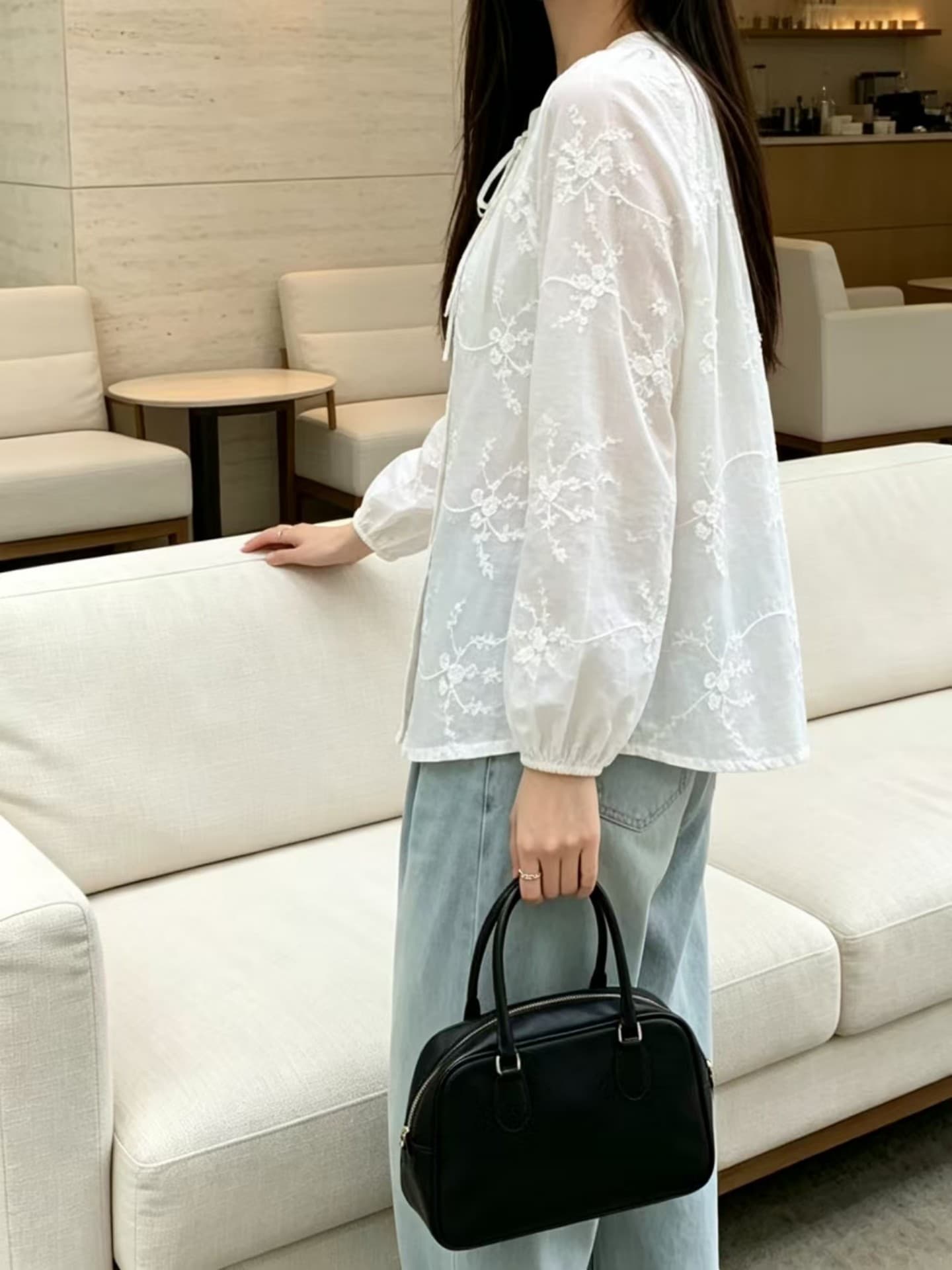 실사 프랑스식 달콤함 자수 나비 넥타이 레이스 셔츠 여성 가을 부드러운 바람 품격 루즈핏 슬림해 보이는 맨위 상세 이미지 9
