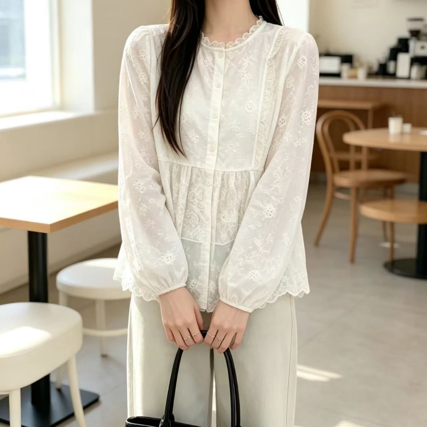 실사 가을 프랑스식 레트로 레이스 라운드 넥 레이스 자카드 패치워크 레이스 밑단 오픈 가디건 긴팔 여성 셔츠 이미지 4