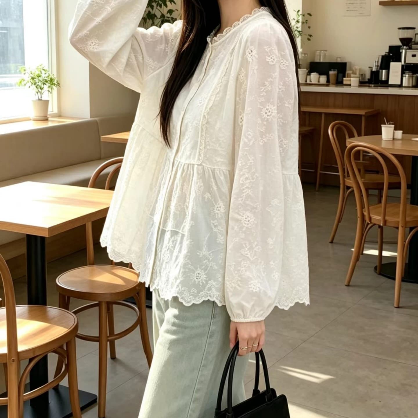 실사 가을 프랑스식 레트로 레이스 라운드 넥 레이스 자카드 패치워크 레이스 밑단 오픈 가디건 긴팔 여성 셔츠 상세 이미지 5