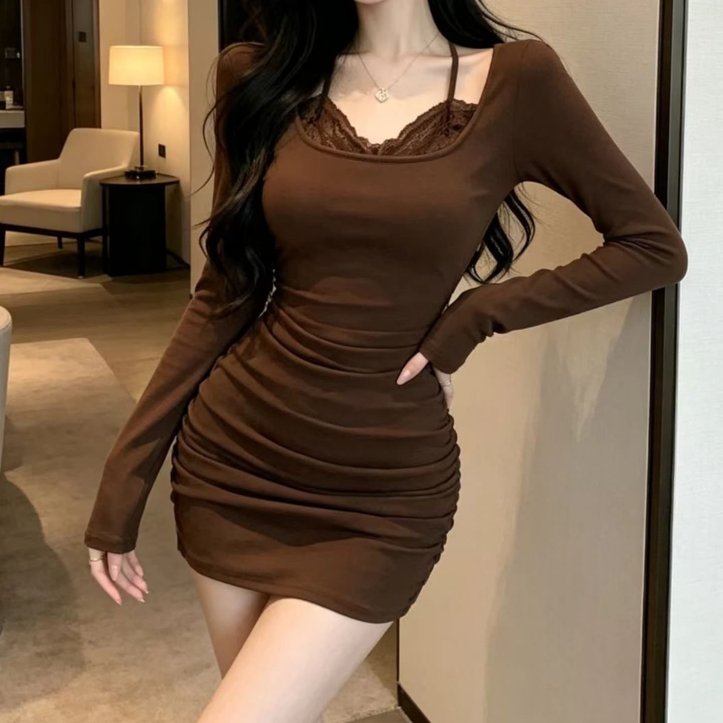 실사 가을 겨울 고유 한 핫걸 허리 수축 몸매 가꾸기 긴팔 여성 드레스 디자인 센스 품격 레이스 타이트 스커트 미니 스커트 상세 이미지 7