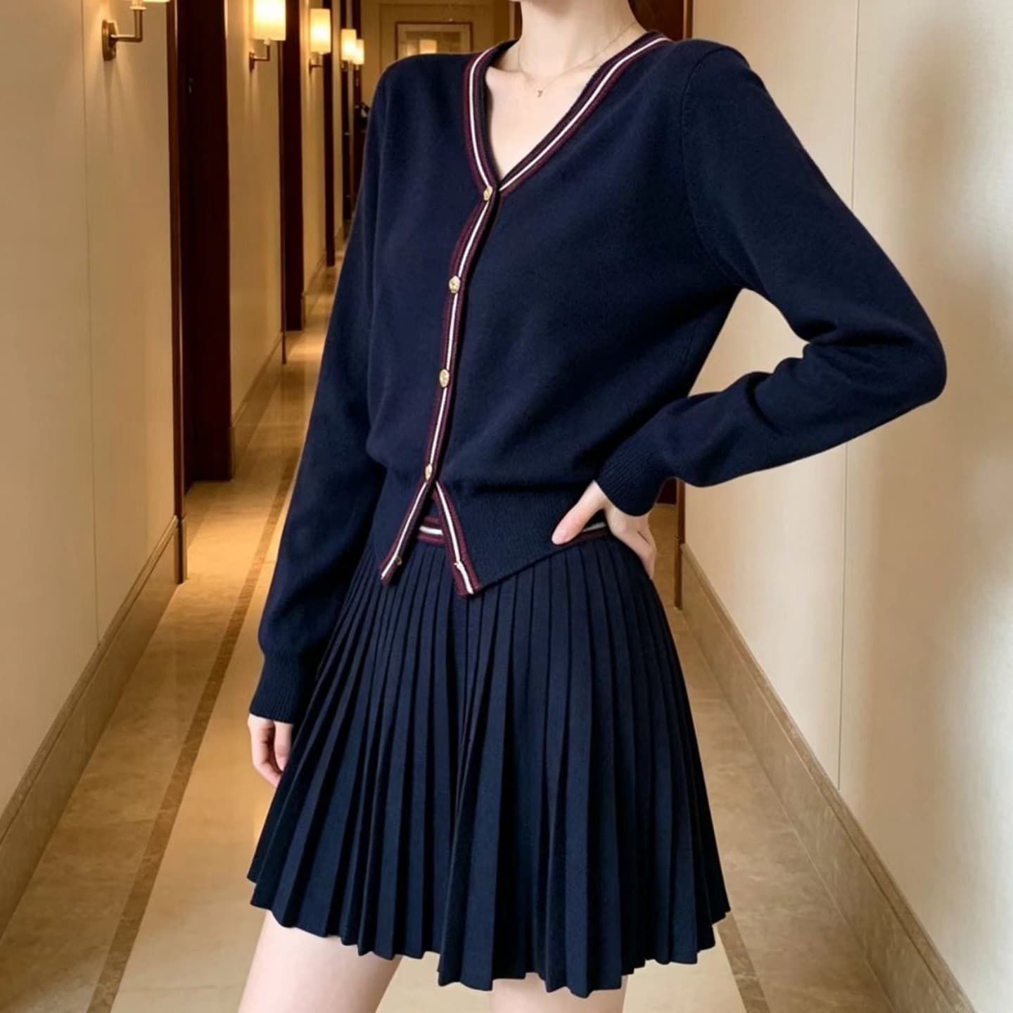 실사 ootd 착용 가져 가라. 전체 집합 초기 이른 가을 새로운 여성 의류 작은 샤넬 스타일 니트 플리츠 반신 스커트 투피스 슈트 이미지 6