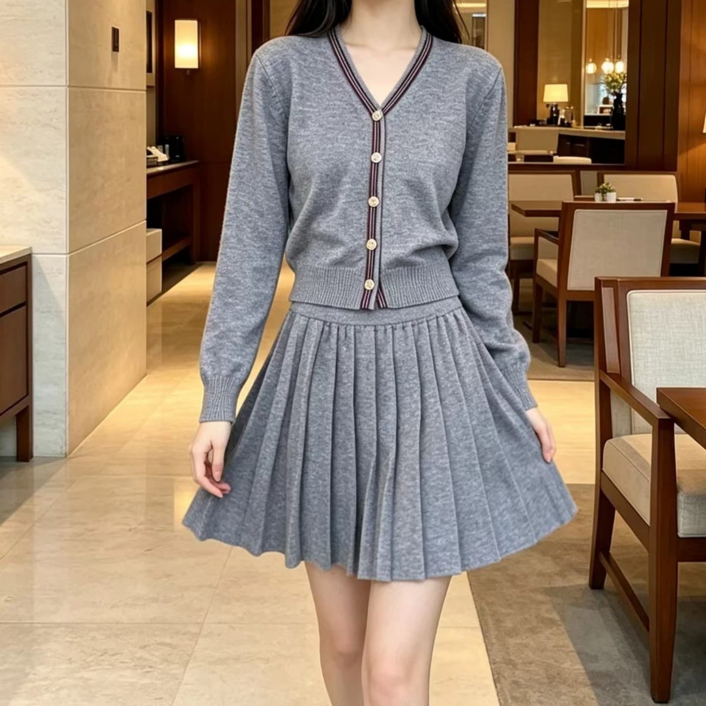 실사 ootd 착용 가져 가라. 전체 집합 초기 이른 가을 새로운 여성 의류 작은 샤넬 스타일 니트 플리츠 반신 스커트 투피스 슈트 이미지 4