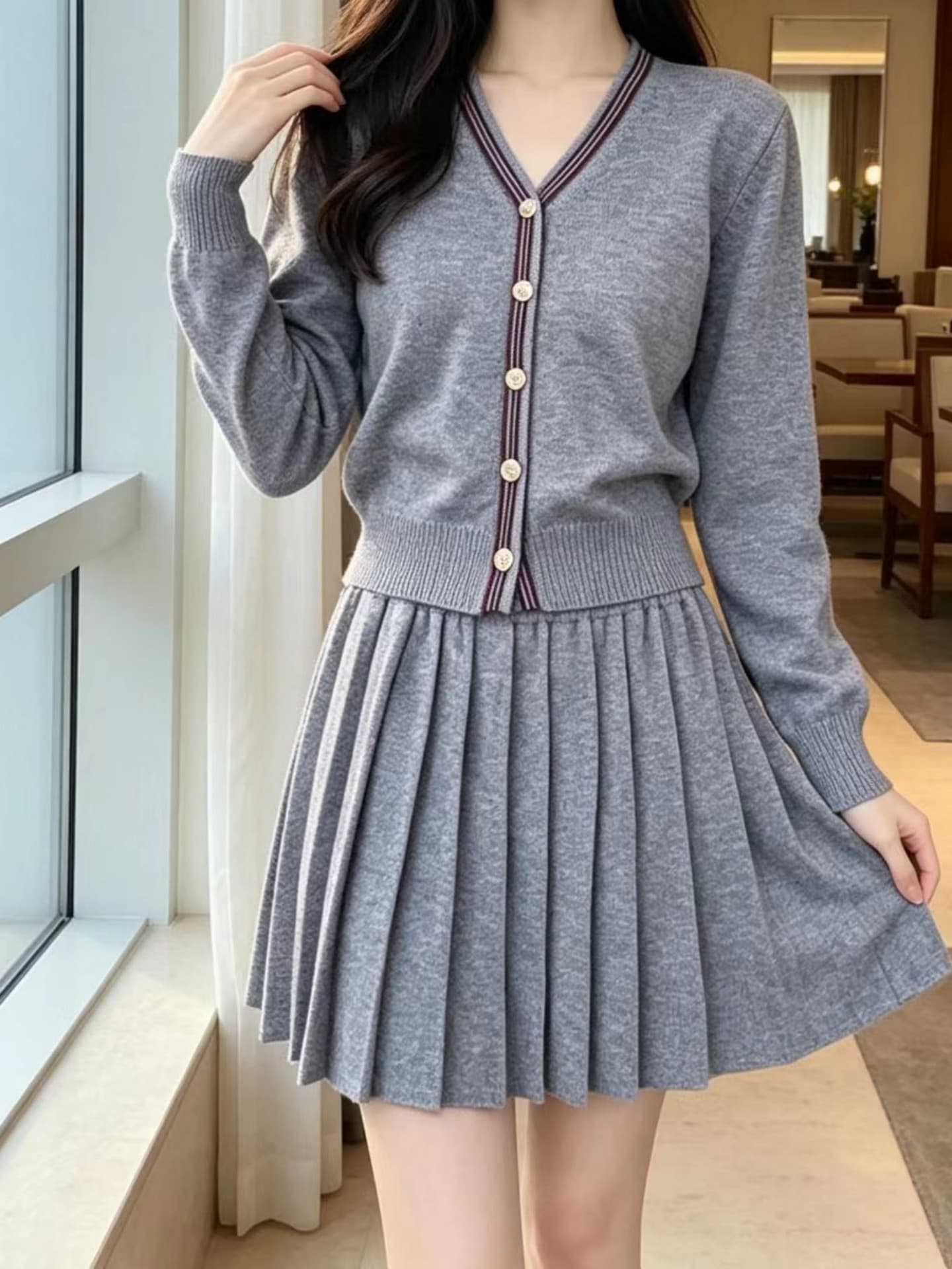실사 ootd 착용 가져 가라. 전체 집합 초기 이른 가을 새로운 여성 의류 작은 샤넬 스타일 니트 플리츠 반신 스커트 투피스 슈트 상세 이미지 4