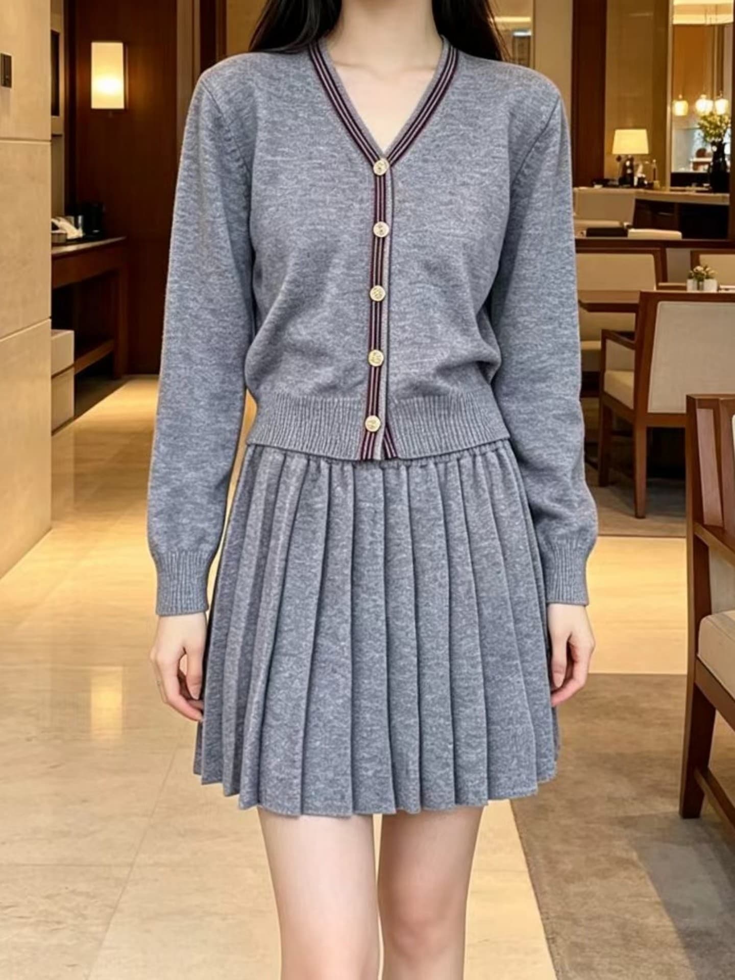 실사 ootd 착용 가져 가라. 전체 집합 초기 이른 가을 새로운 여성 의류 작은 샤넬 스타일 니트 플리츠 반신 스커트 투피스 슈트 상세 이미지 5
