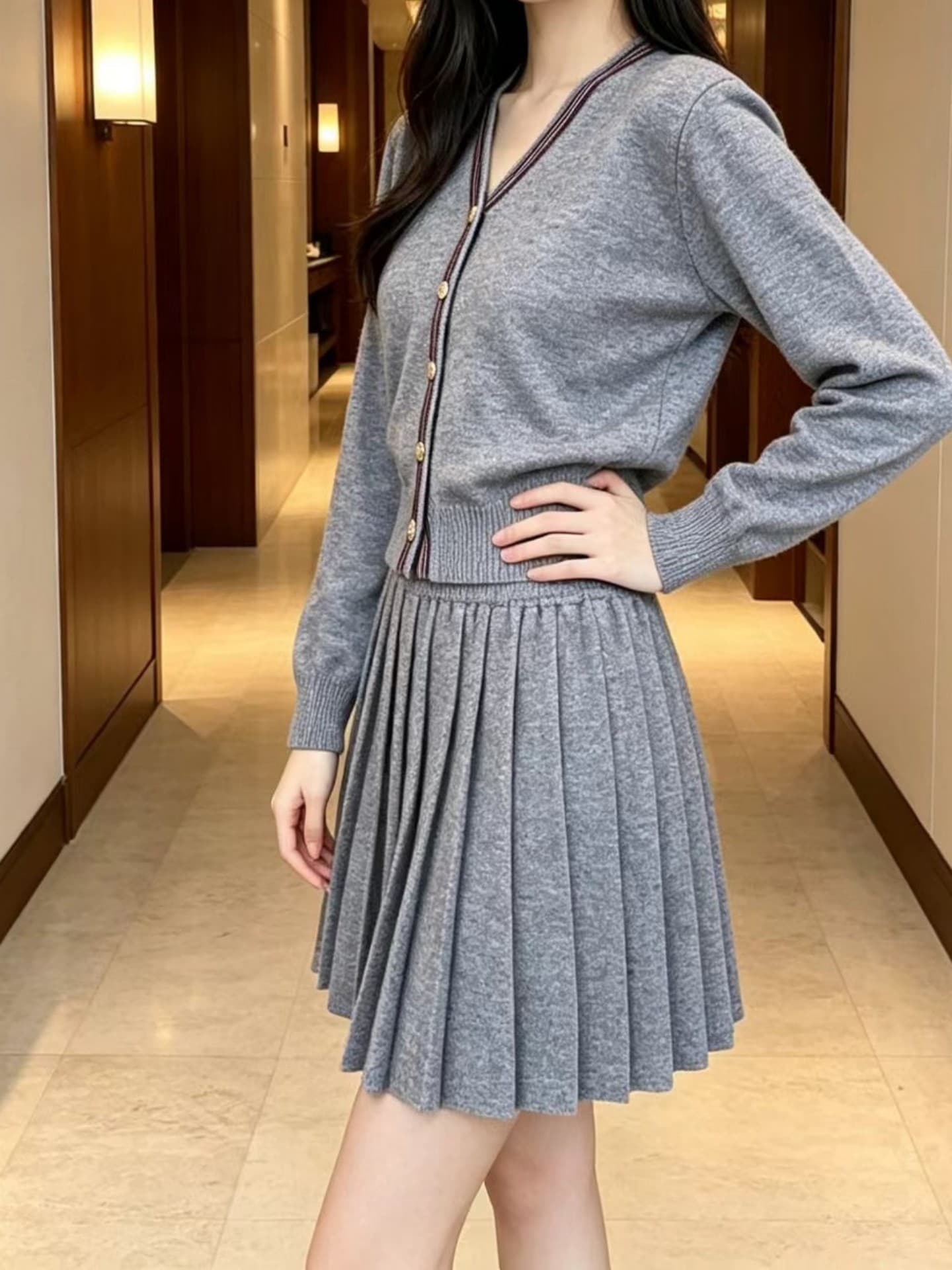 실사 ootd 착용 가져 가라. 전체 집합 초기 이른 가을 새로운 여성 의류 작은 샤넬 스타일 니트 플리츠 반신 스커트 투피스 슈트 상세 이미지 7