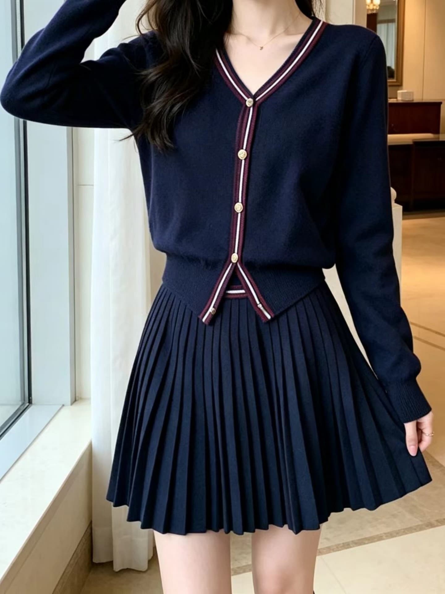 실사 ootd 착용 가져 가라. 전체 집합 초기 이른 가을 새로운 여성 의류 작은 샤넬 스타일 니트 플리츠 반신 스커트 투피스 슈트 상세 이미지 8