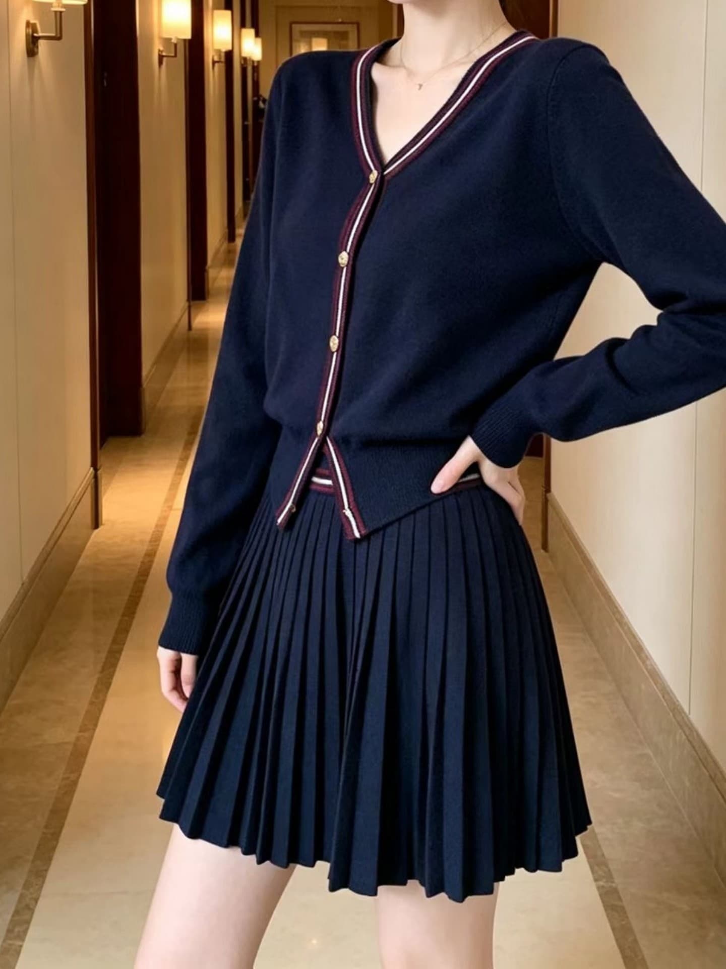 실사 ootd 착용 가져 가라. 전체 집합 초기 이른 가을 새로운 여성 의류 작은 샤넬 스타일 니트 플리츠 반신 스커트 투피스 슈트 상세 이미지 11