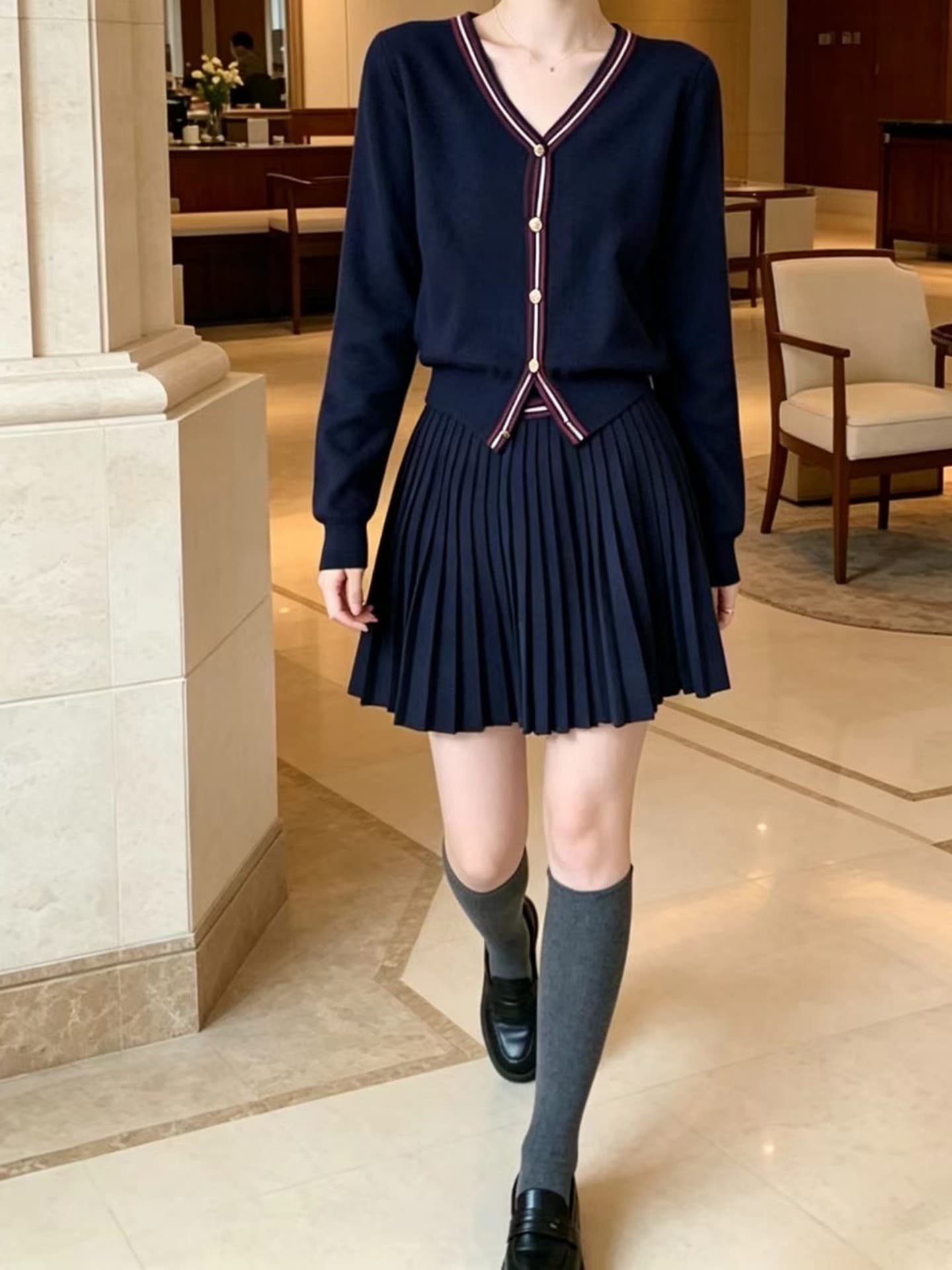 실사 ootd 착용 가져 가라. 전체 집합 초기 이른 가을 새로운 여성 의류 작은 샤넬 스타일 니트 플리츠 반신 스커트 투피스 슈트 상세 이미지 13