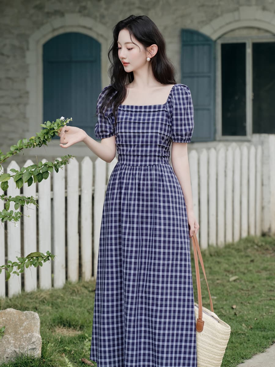 실사 프랑스식 광장 칼라 체크무늬 여성 드레스 여름 새로운 거품 소매 치마 이미지 2