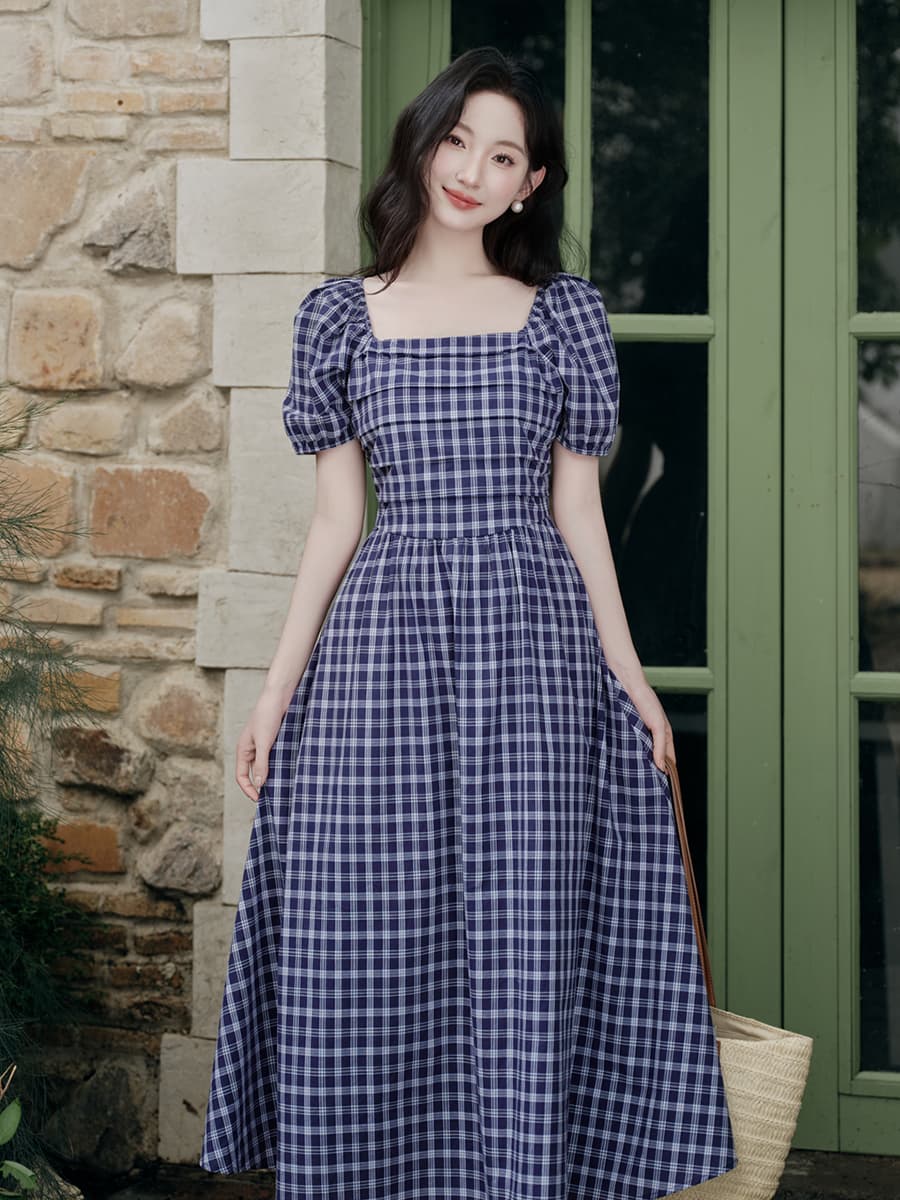 실사 프랑스식 광장 칼라 체크무늬 여성 드레스 여름 새로운 거품 소매 치마 이미지 3