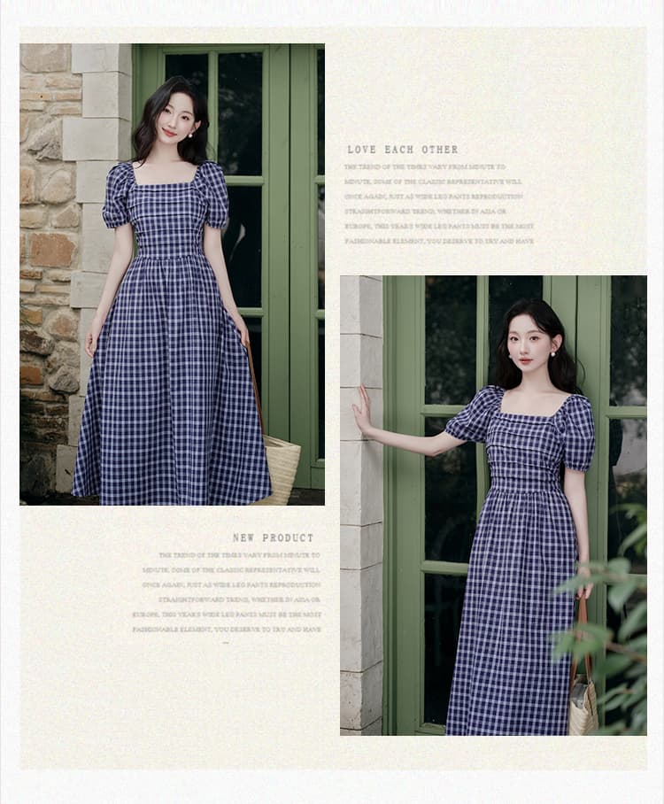 실사 프랑스식 광장 칼라 체크무늬 여성 드레스 여름 새로운 거품 소매 치마 상세 이미지 15