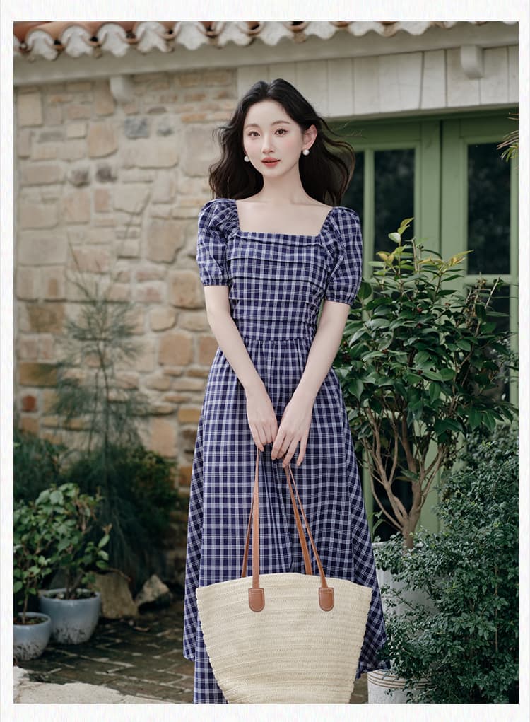 실사 프랑스식 광장 칼라 체크무늬 여성 드레스 여름 새로운 거품 소매 치마 상세 이미지 19