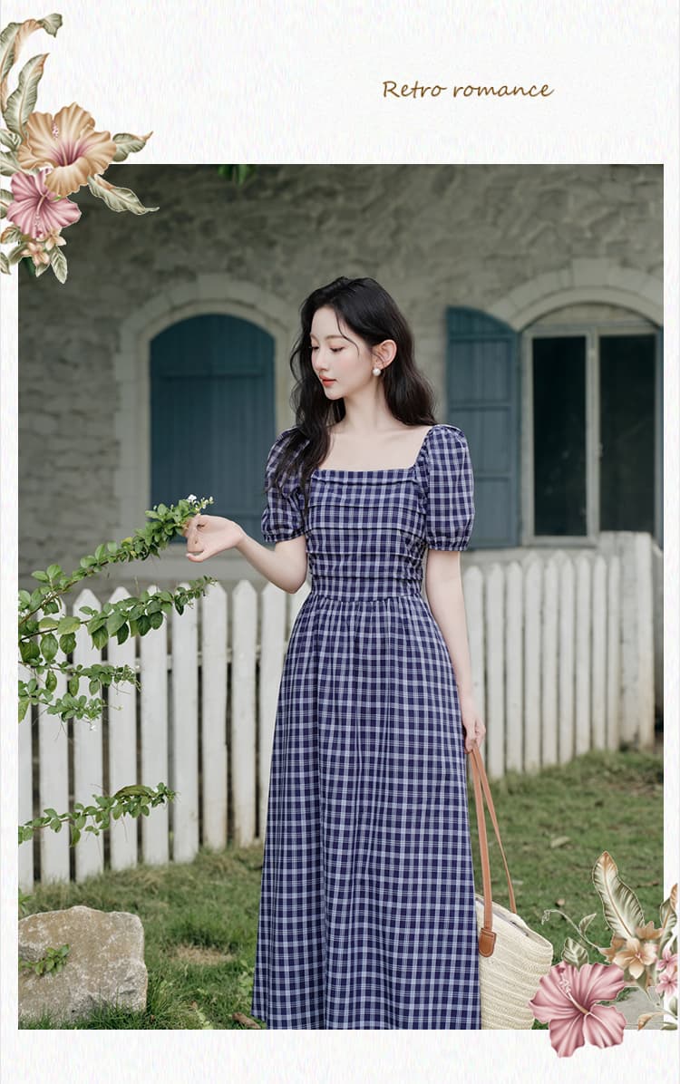 실사 프랑스식 광장 칼라 체크무늬 여성 드레스 여름 새로운 거품 소매 치마 상세 이미지 20