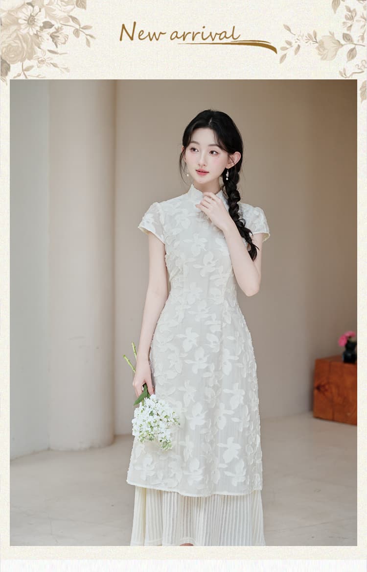 실사 새로운 중식 페이크 레이어드 치파오 여성 드레스 봄 여름 휴가 화이트 롱 스커트 상세 이미지 1