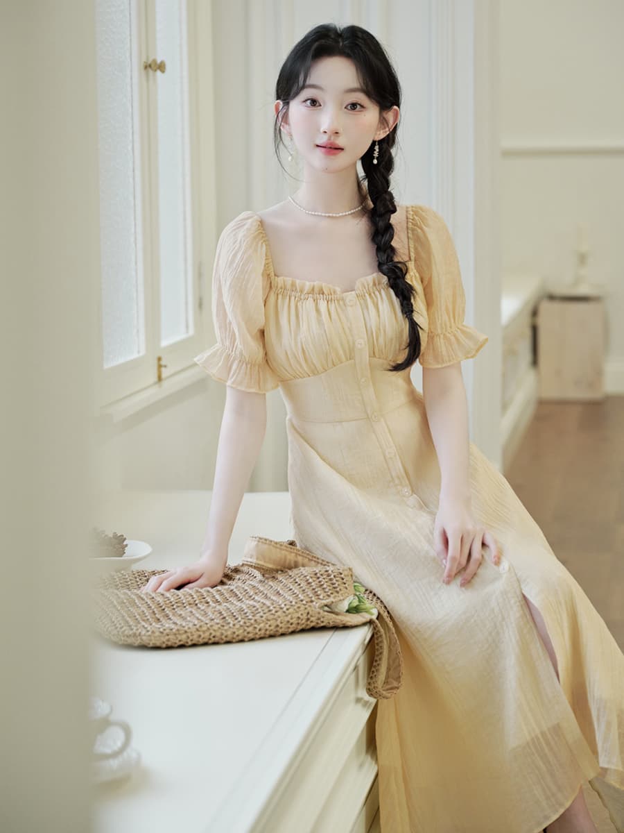 실사 주간 실크 낭만주의 프랑스식 거품 소매 여성 드레스 여름 이미지 3