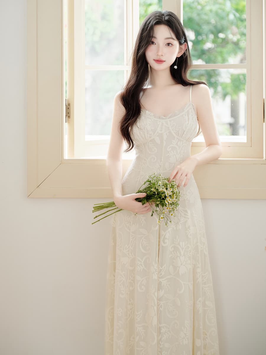 실사 무거운 작업 전체 레이스 자수 슬립 드레스 질감 요정 공차 가짜 바람 드레스 오픈 가디건 투피스 세트 이미지 2