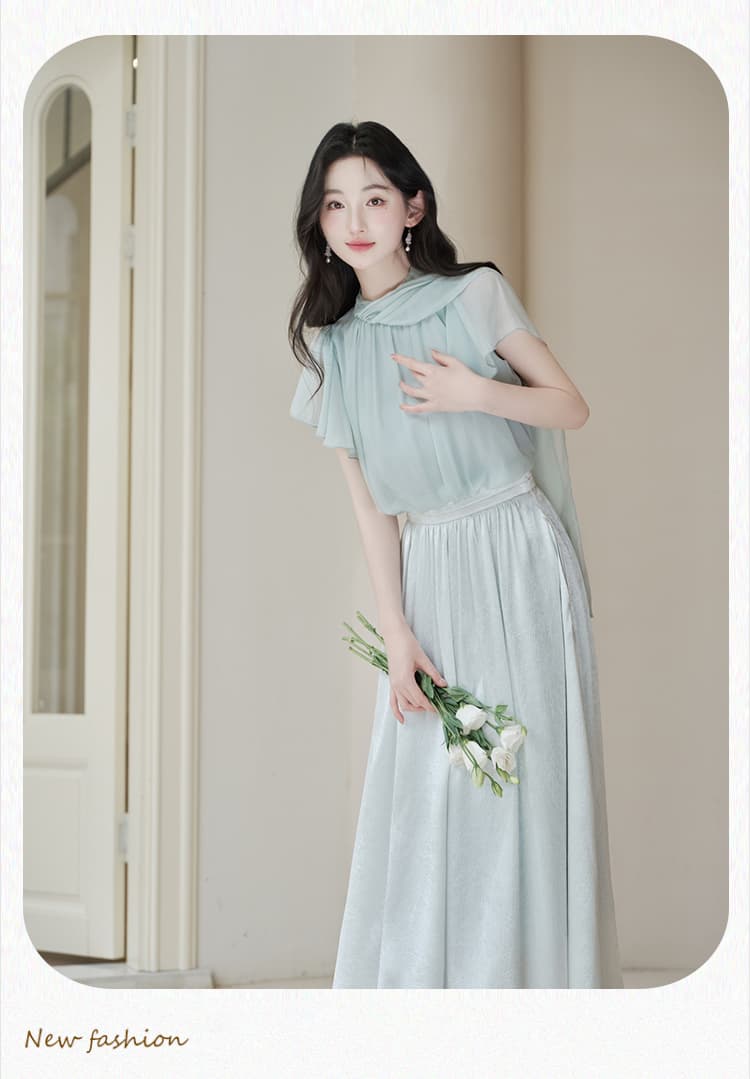 실사 일본식 클리어 부서 프릴 소매 여름 여신 패치워크 색상 페이크 레이어드 드레스 상세 이미지 12