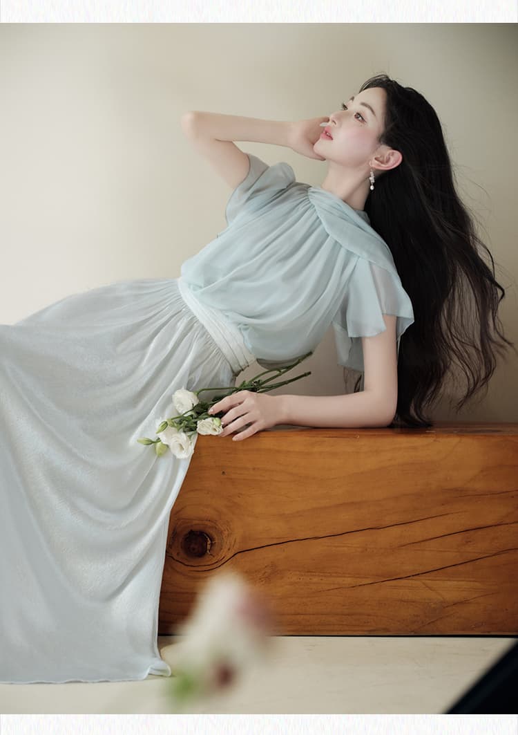 실사 일본식 클리어 부서 프릴 소매 여름 여신 패치워크 색상 페이크 레이어드 드레스 상세 이미지 14