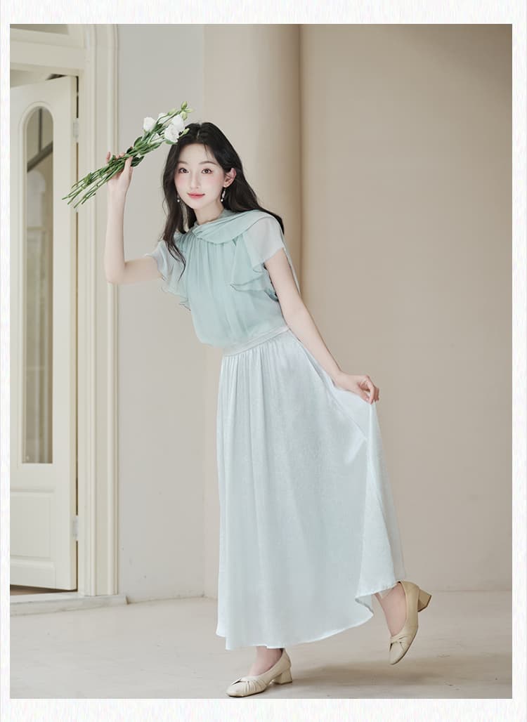실사 일본식 클리어 부서 프릴 소매 여름 여신 패치워크 색상 페이크 레이어드 드레스 상세 이미지 18
