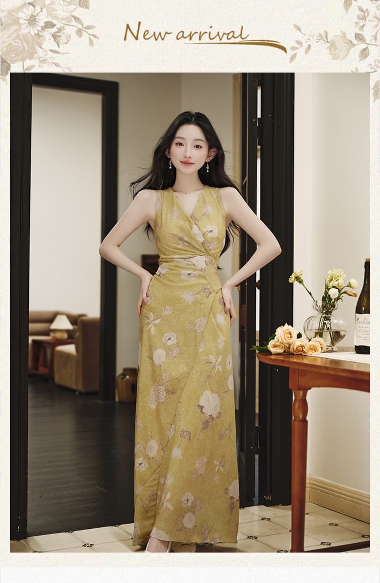 실사 민소매 스트랩 롱 스커트 몸매 가꾸기 허리 수축 여름 섹션 얇고 가벼운 프린트 드레스 경기 기본 스커트 상세 이미지 1