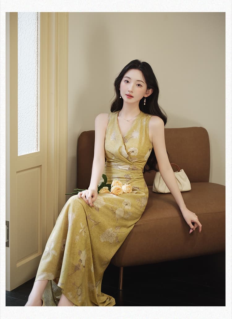 실사 민소매 스트랩 롱 스커트 몸매 가꾸기 허리 수축 여름 섹션 얇고 가벼운 프린트 드레스 경기 기본 스커트 상세 이미지 10