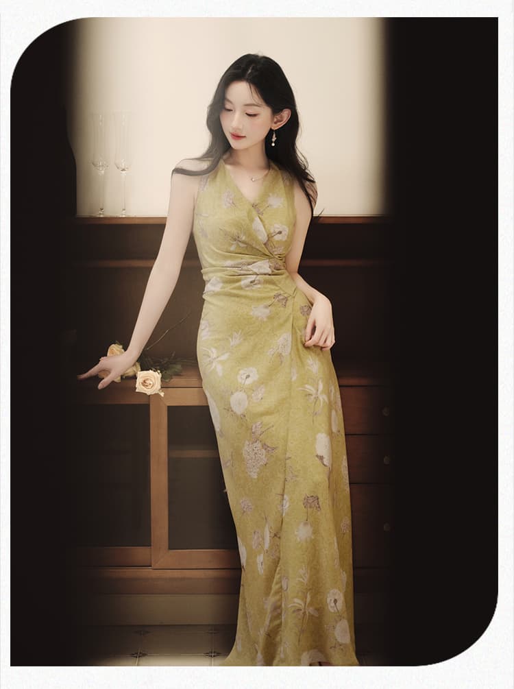 실사 민소매 스트랩 롱 스커트 몸매 가꾸기 허리 수축 여름 섹션 얇고 가벼운 프린트 드레스 경기 기본 스커트 상세 이미지 13