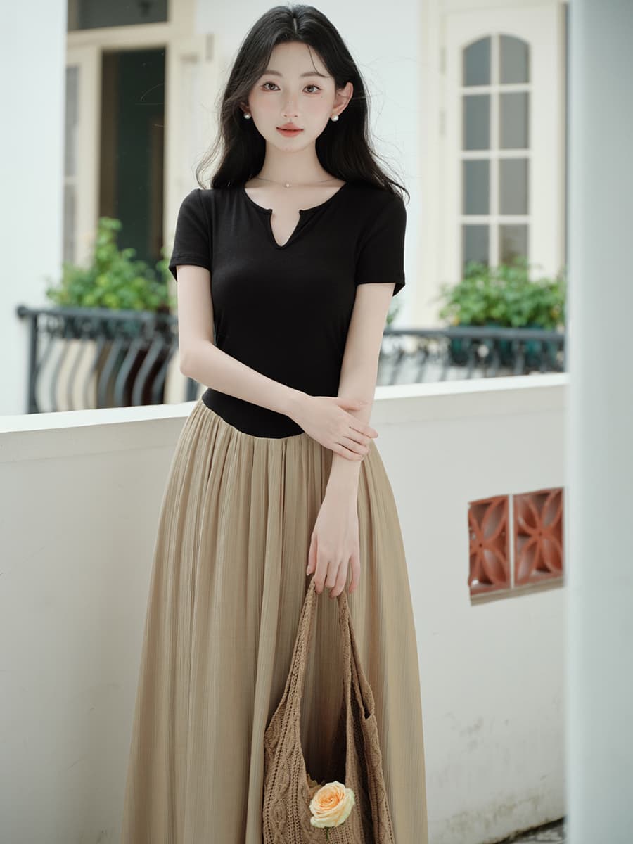 실사 품격 미니멀리즘 몸매 가꾸기 좁은 u 칼라 바늘 셔틀 패치워크 페이크 레이어드 드레스 큰 진자