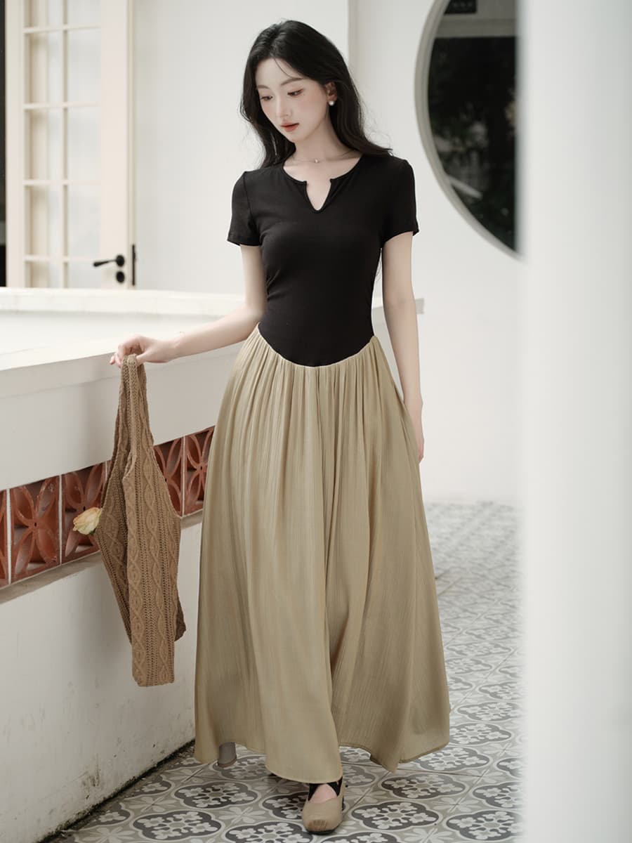 실사 품격 미니멀리즘 몸매 가꾸기 좁은 u 칼라 바늘 셔틀 패치워크 페이크 레이어드 드레스 큰 진자 이미지 4