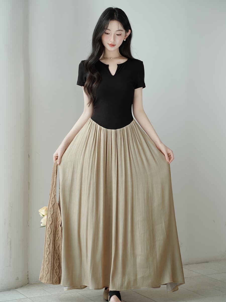 실사 품격 미니멀리즘 몸매 가꾸기 좁은 u 칼라 바늘 셔틀 패치워크 페이크 레이어드 드레스 큰 진자 이미지 3