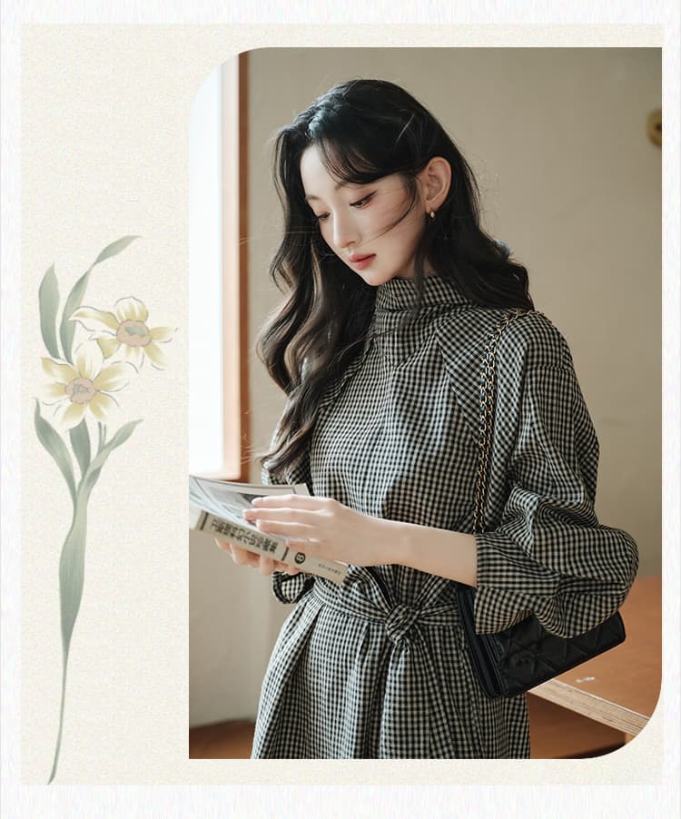 실사 이른 가을 디자인 센스 구조 바람막이 스타일 체크무늬 수 있습니다. 허리 수축 드레스 상세 이미지 9