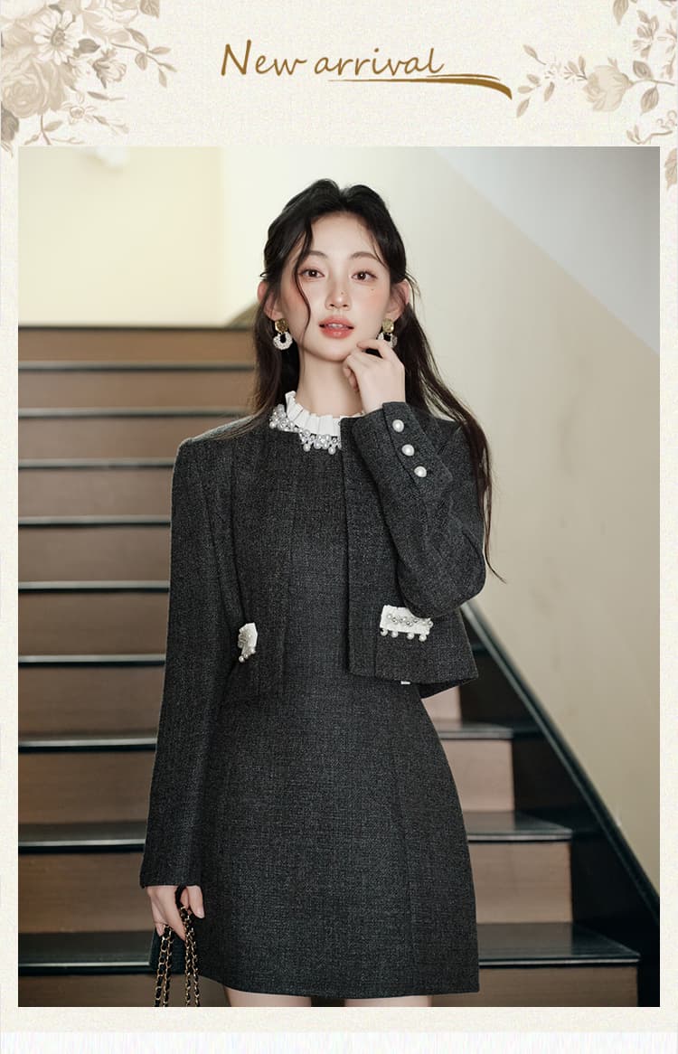 실사 무거운 작업 비즈 박기 천 골드 센스 회색 민소매 여성 드레스 2025 새로운 쇼트 스타일 A라인 스커트 재킷 세트 상세 이미지 1