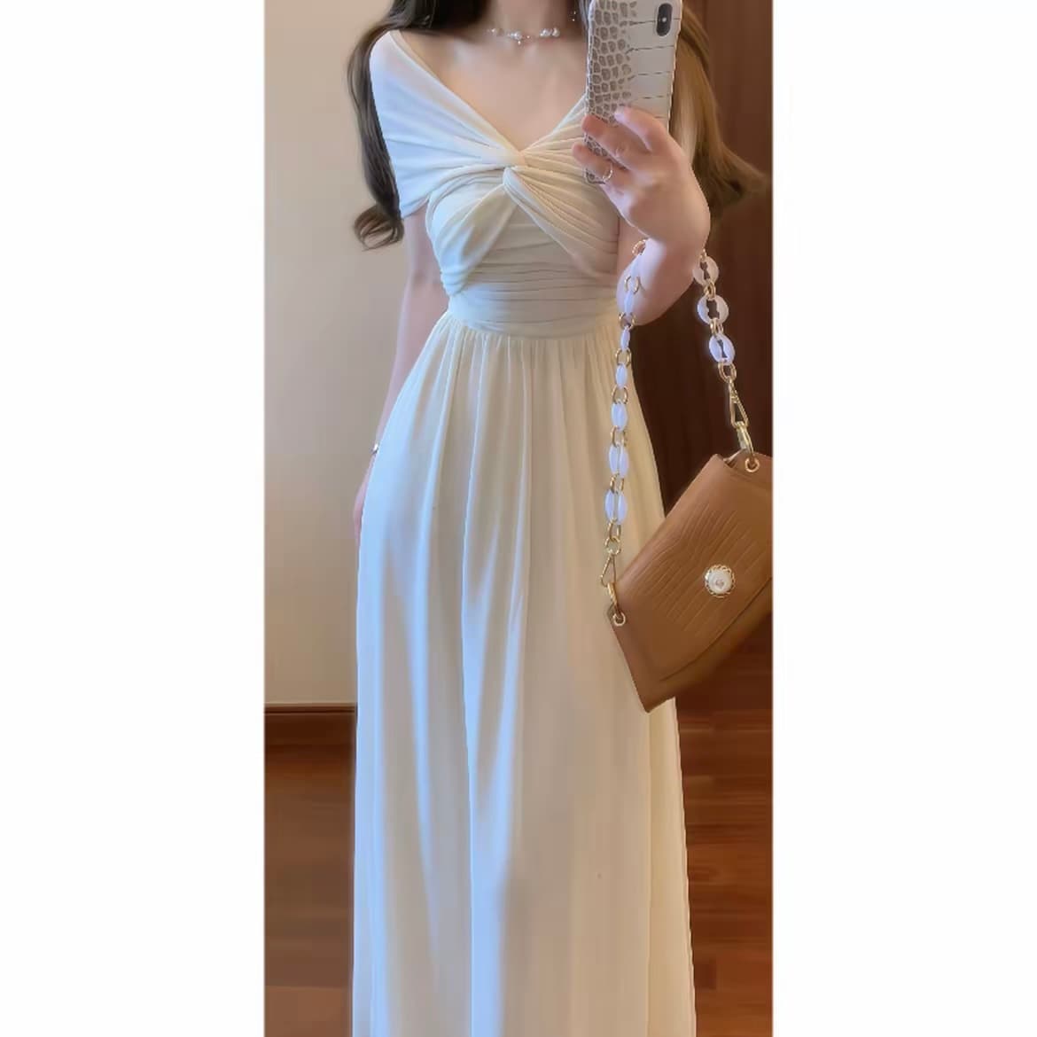 실사 오스트리아 지에 탑 레트로 한 단어 오프숄더 품격 신축성 예복 치마 여성 여름 화이트 우아함 고급 센스 드레스 상세 이미지 1