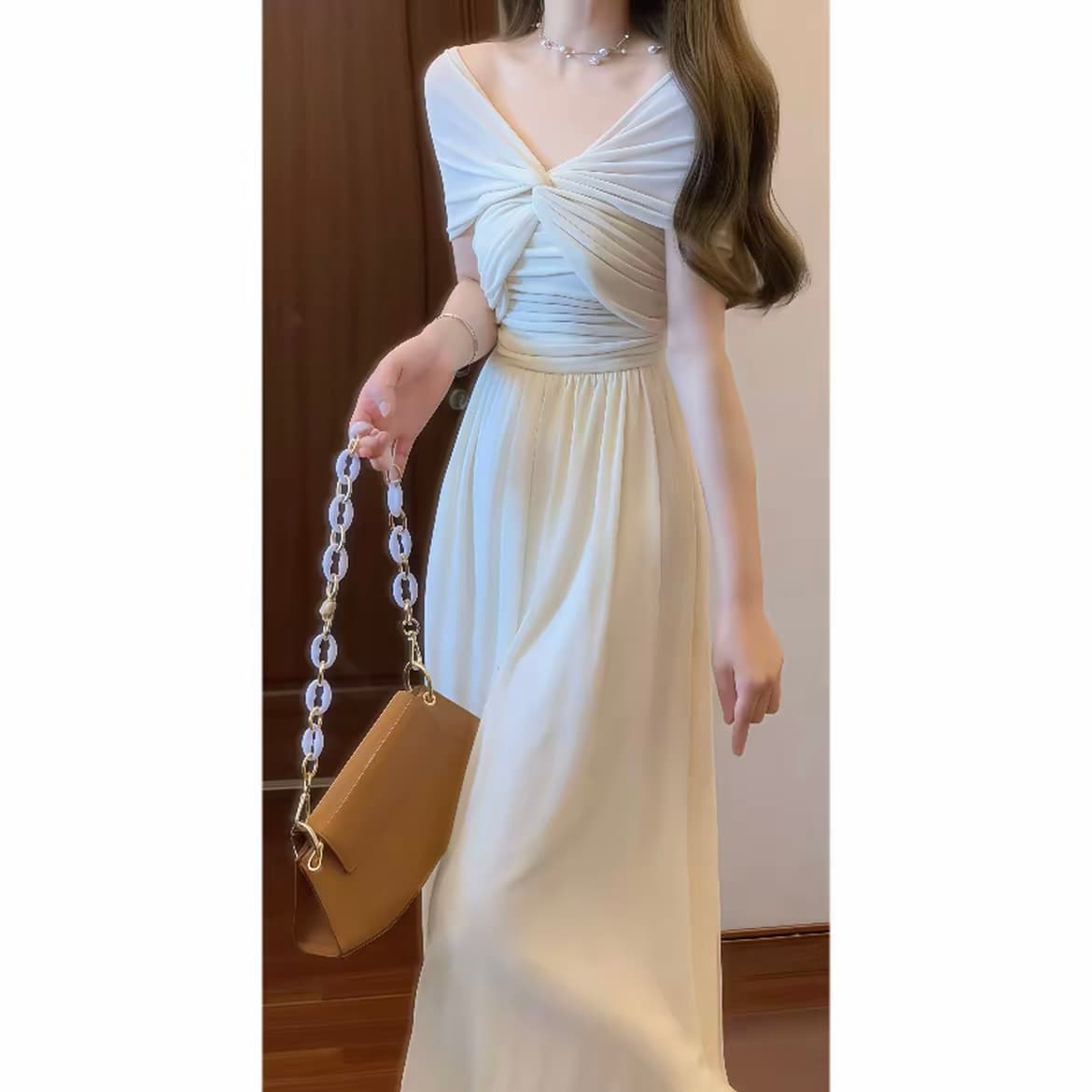 실사 오스트리아 지에 탑 레트로 한 단어 오프숄더 품격 신축성 예복 치마 여성 여름 화이트 우아함 고급 센스 드레스 상세 이미지 4