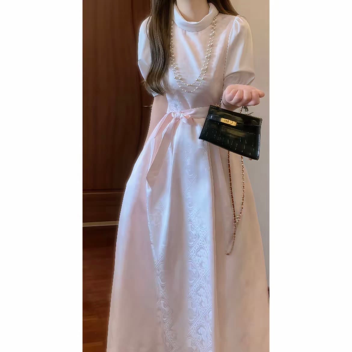 매장 프랑스식 부드러운 어둠 곡물 자카드 핑크색 진자 허리 수축 디스크 칼라 드레스 품격 예복 롱 스커트 상세 이미지 1