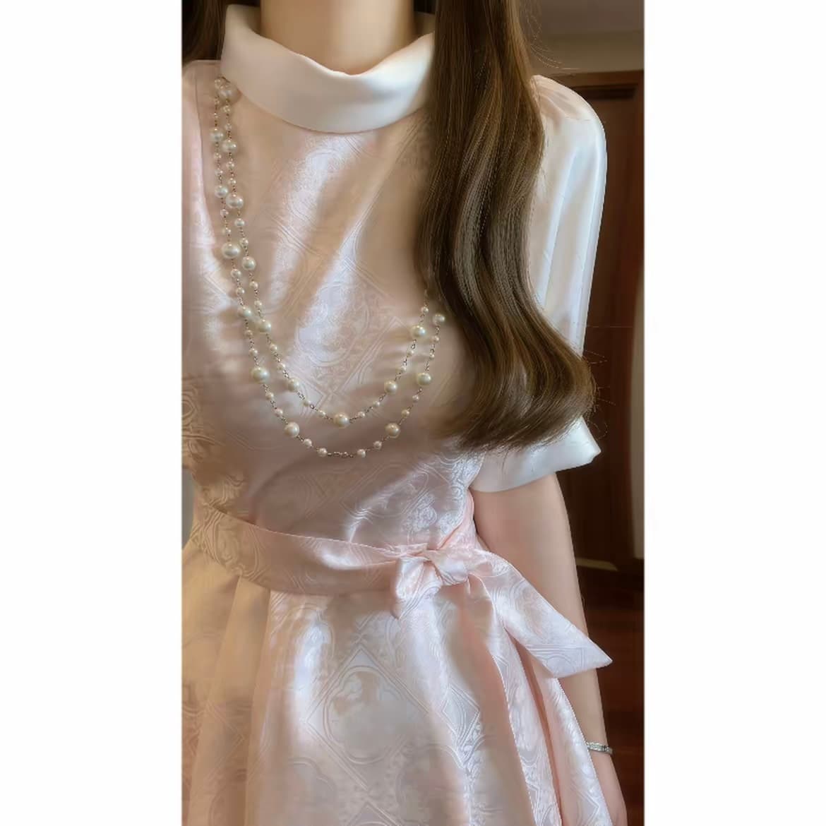 매장 프랑스식 부드러운 어둠 곡물 자카드 핑크색 진자 허리 수축 디스크 칼라 드레스 품격 예복 롱 스커트 상세 이미지 3