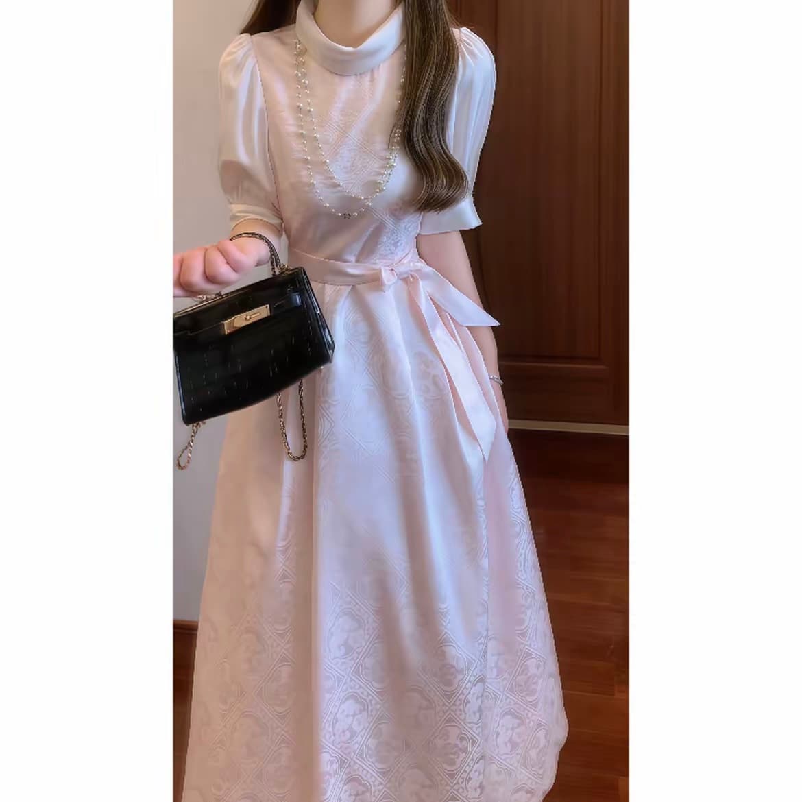 매장 프랑스식 부드러운 어둠 곡물 자카드 핑크색 진자 허리 수축 디스크 칼라 드레스 품격 예복 롱 스커트 상세 이미지 4