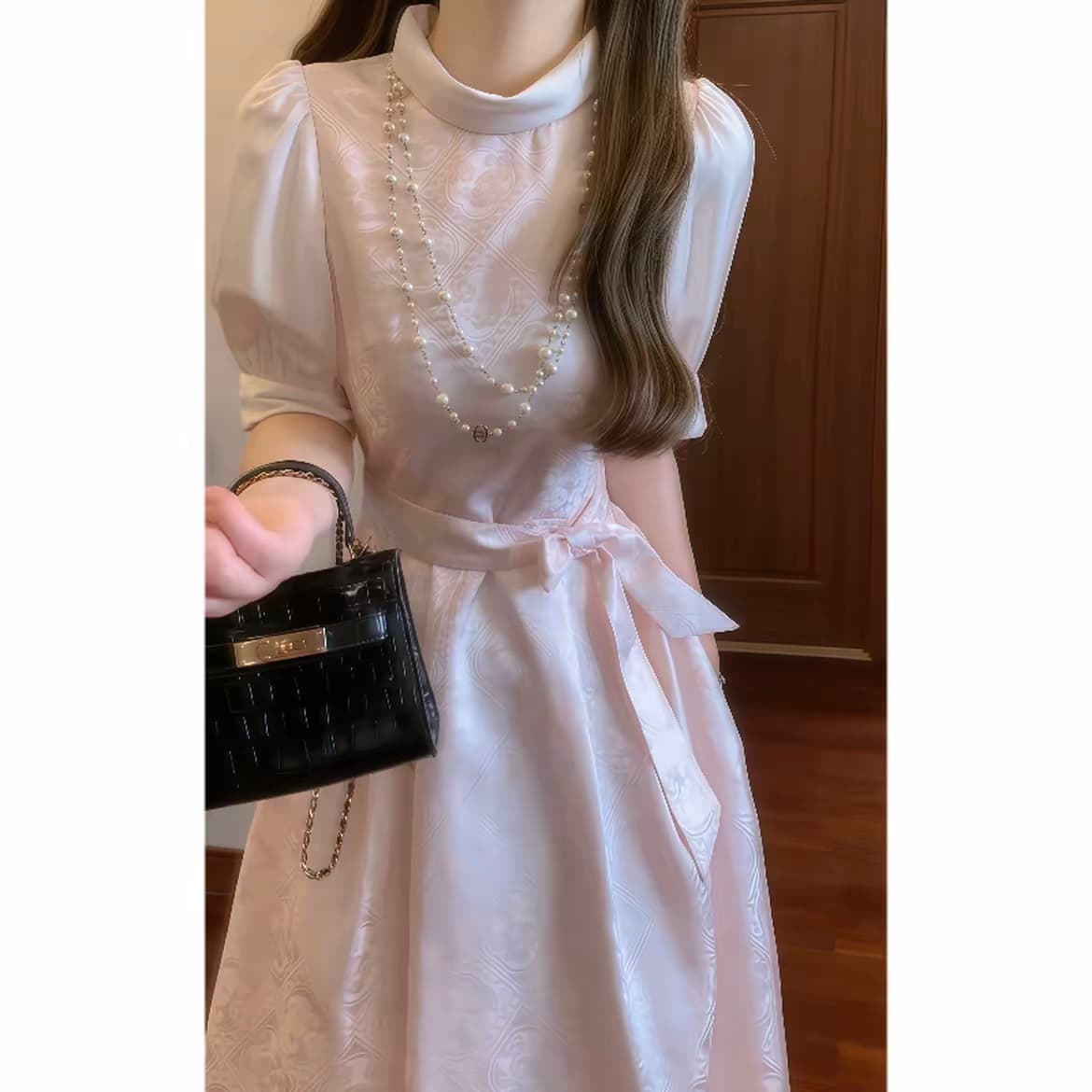 매장 프랑스식 부드러운 어둠 곡물 자카드 핑크색 진자 허리 수축 디스크 칼라 드레스 품격 예복 롱 스커트 상세 이미지 5