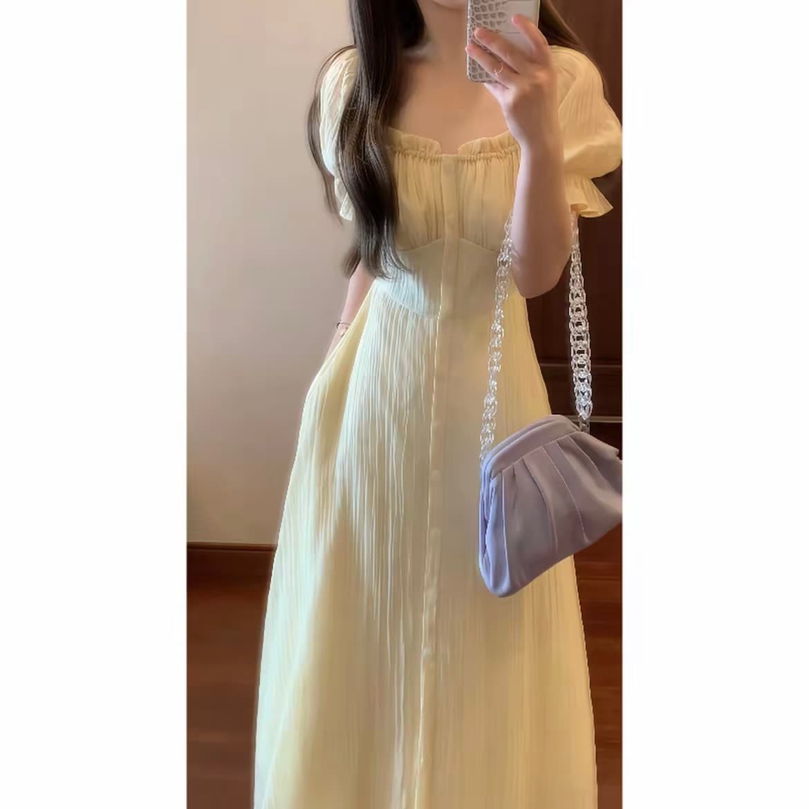 실사 블랙 재스민 와 甜酒 레몬 나무 아래 낭만주의 프랑스식 거품 소매 여성 드레스 여름 이미지 5