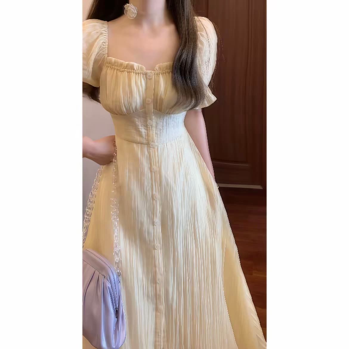 실사 블랙 재스민 와 甜酒 레몬 나무 아래 낭만주의 프랑스식 거품 소매 여성 드레스 여름 이미지 6