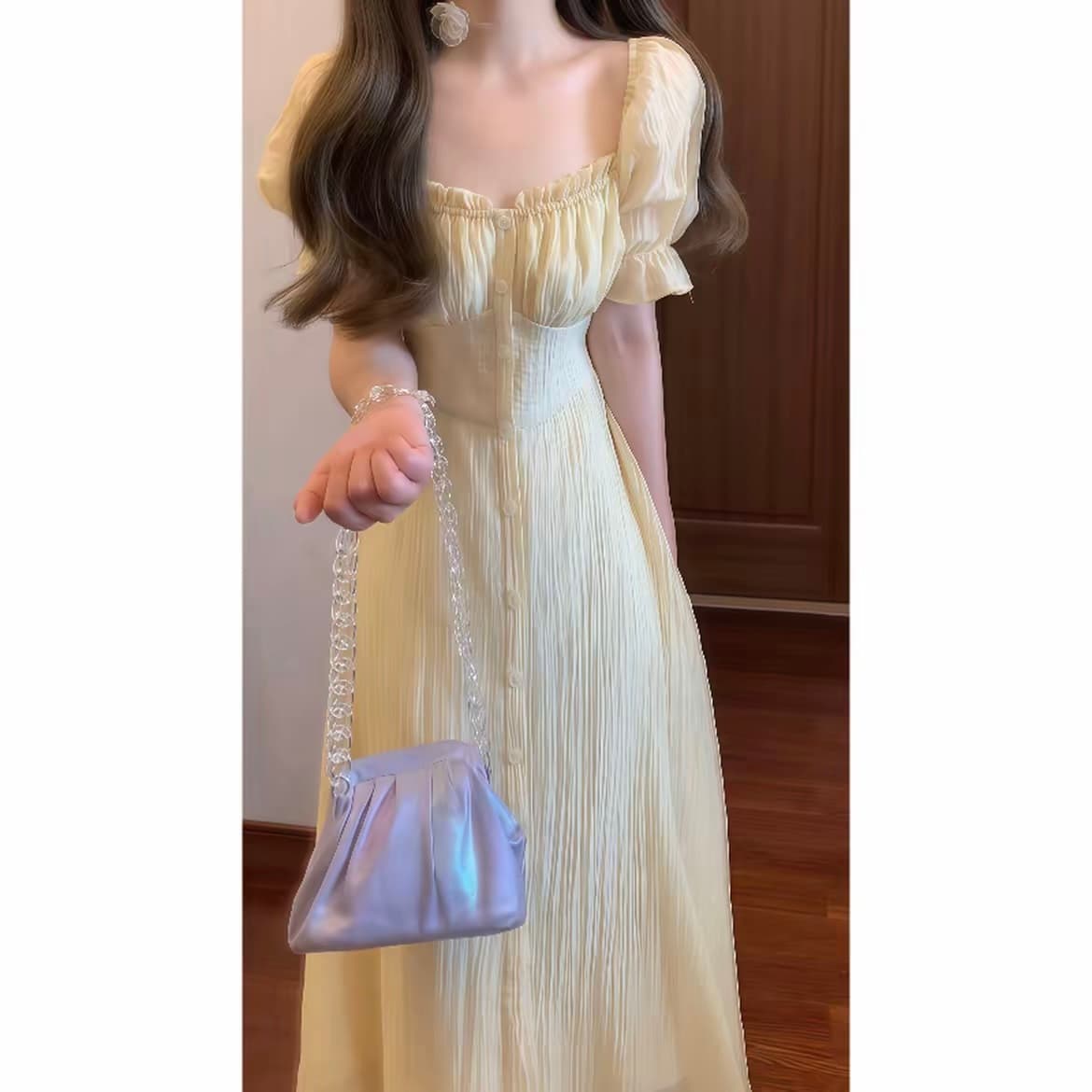 실사 블랙 재스민 와 甜酒 레몬 나무 아래 낭만주의 프랑스식 거품 소매 여성 드레스 여름 이미지 3