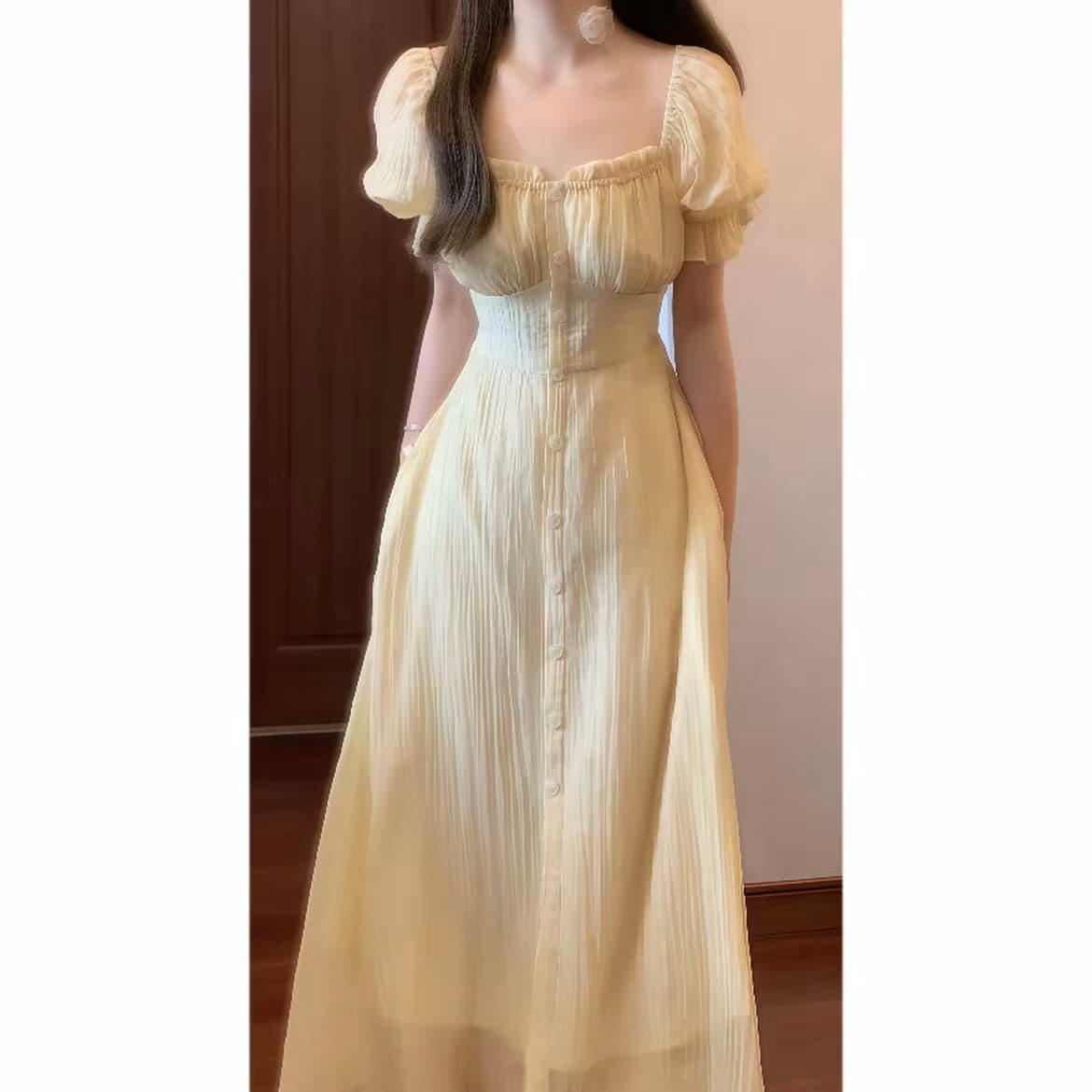 실사 블랙 재스민 와 甜酒 레몬 나무 아래 낭만주의 프랑스식 거품 소매 여성 드레스 여름 상세 이미지 1