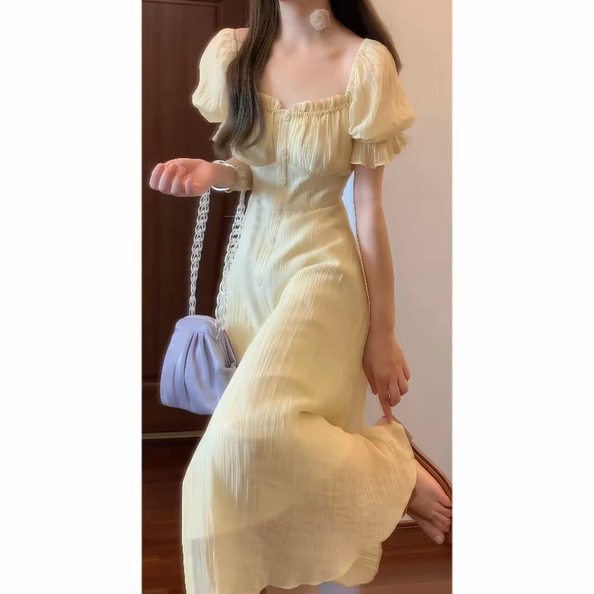 실사 블랙 재스민 와 甜酒 레몬 나무 아래 낭만주의 프랑스식 거품 소매 여성 드레스 여름 상세 이미지 4