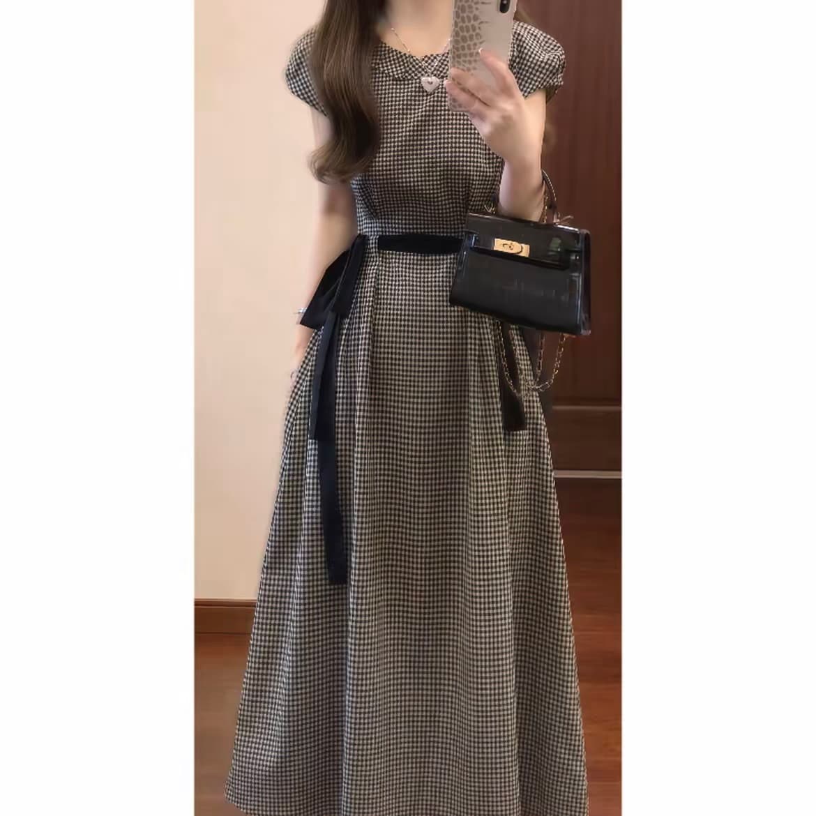 프랑스식 레트로 클래식 흑인과 백인 체크무늬 드레스 거품 소매 펌프 로프 허리 수축 슬림해 보이는 품격 롱 스커트 상세 이미지 2