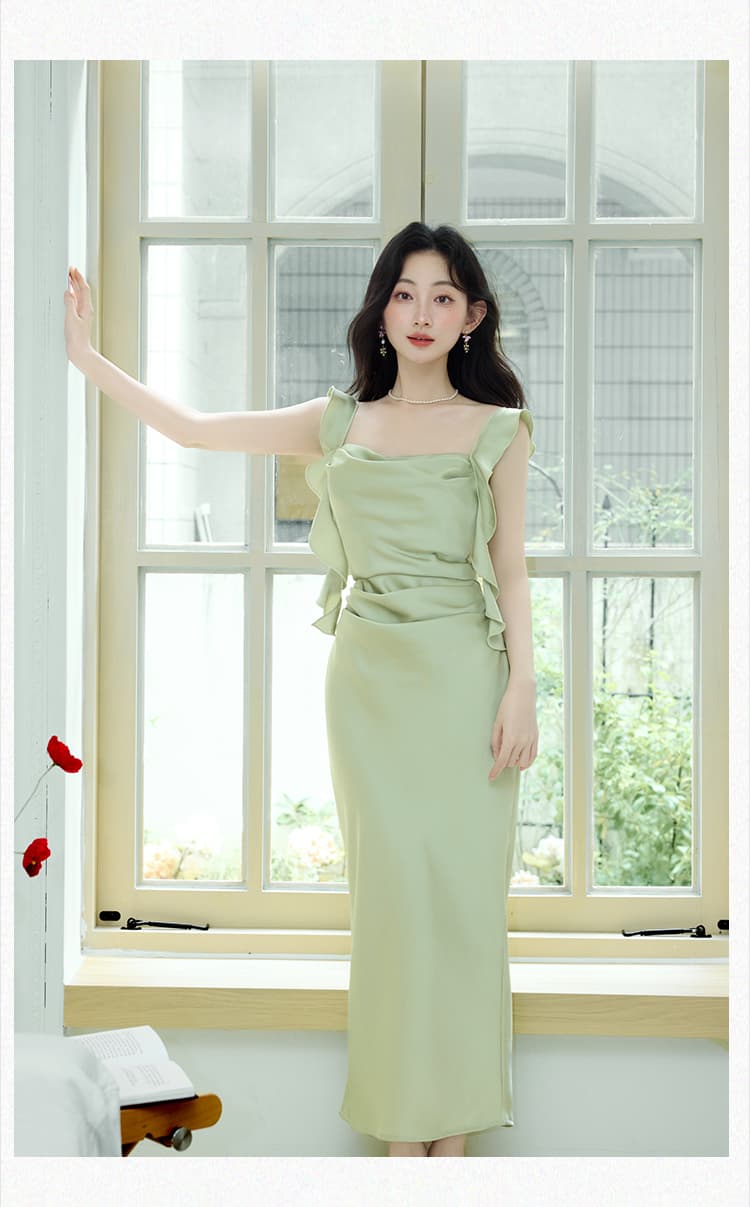 실사 새틴 흔들다 칼라 슬림해 보이는 표지 고기 슬립 섹시함 롱 스커트 오픈 가디건 투피스 세트 상세 이미지 18