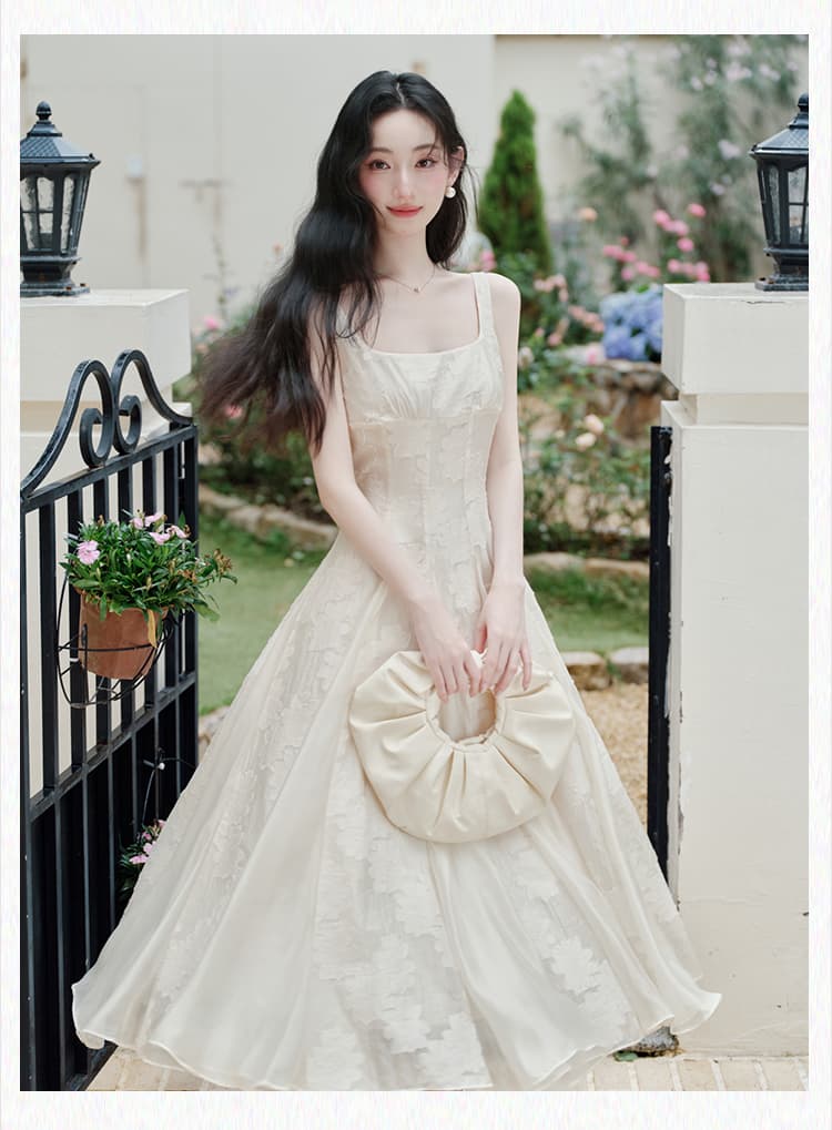 실사 있음 선적 프랑스식 천 골드 고급 센스 슬립 드레스 Tulle 광장 칼라 생일 예복 상세 이미지 10